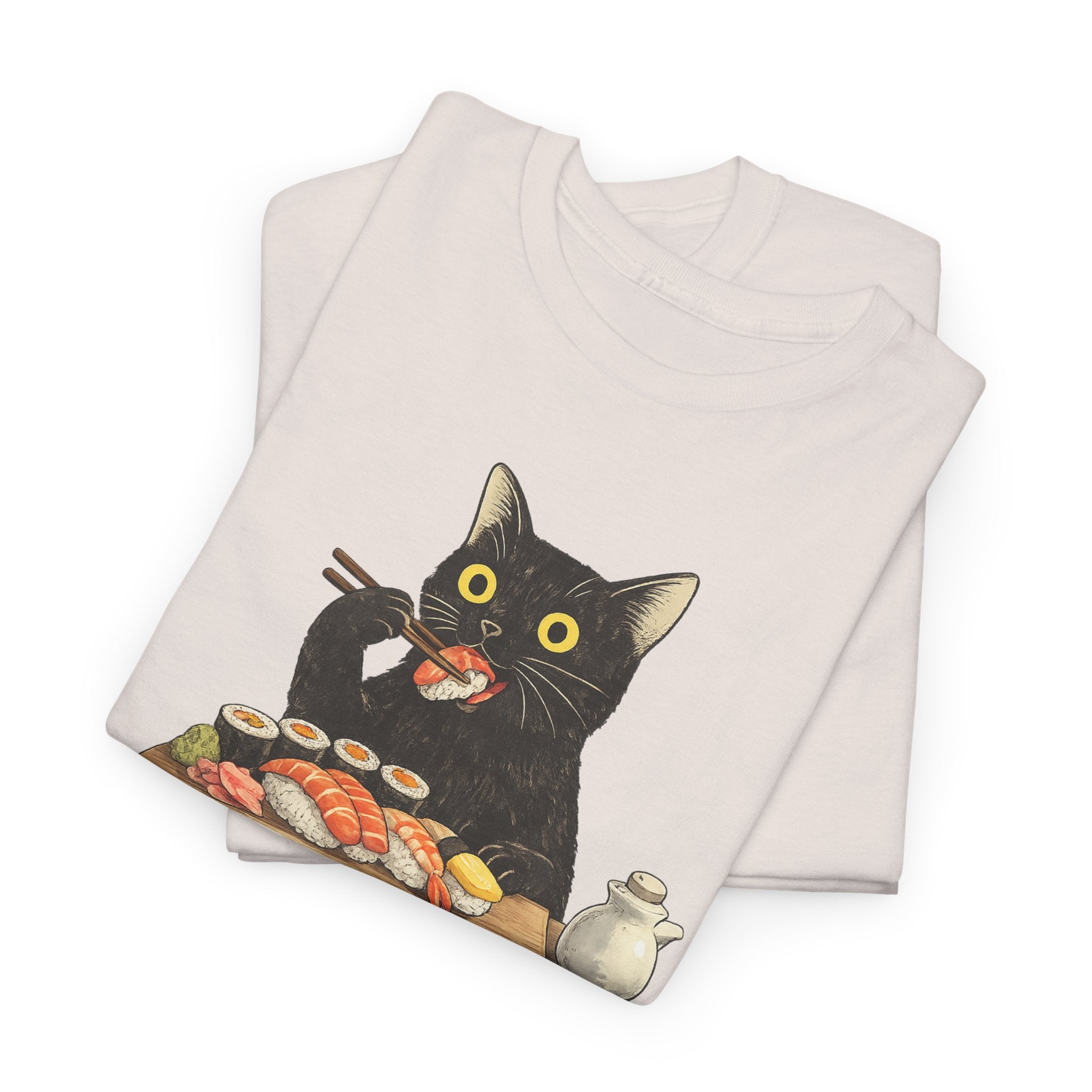 Unisex Heavy Cotton Tee, cat eating sushi