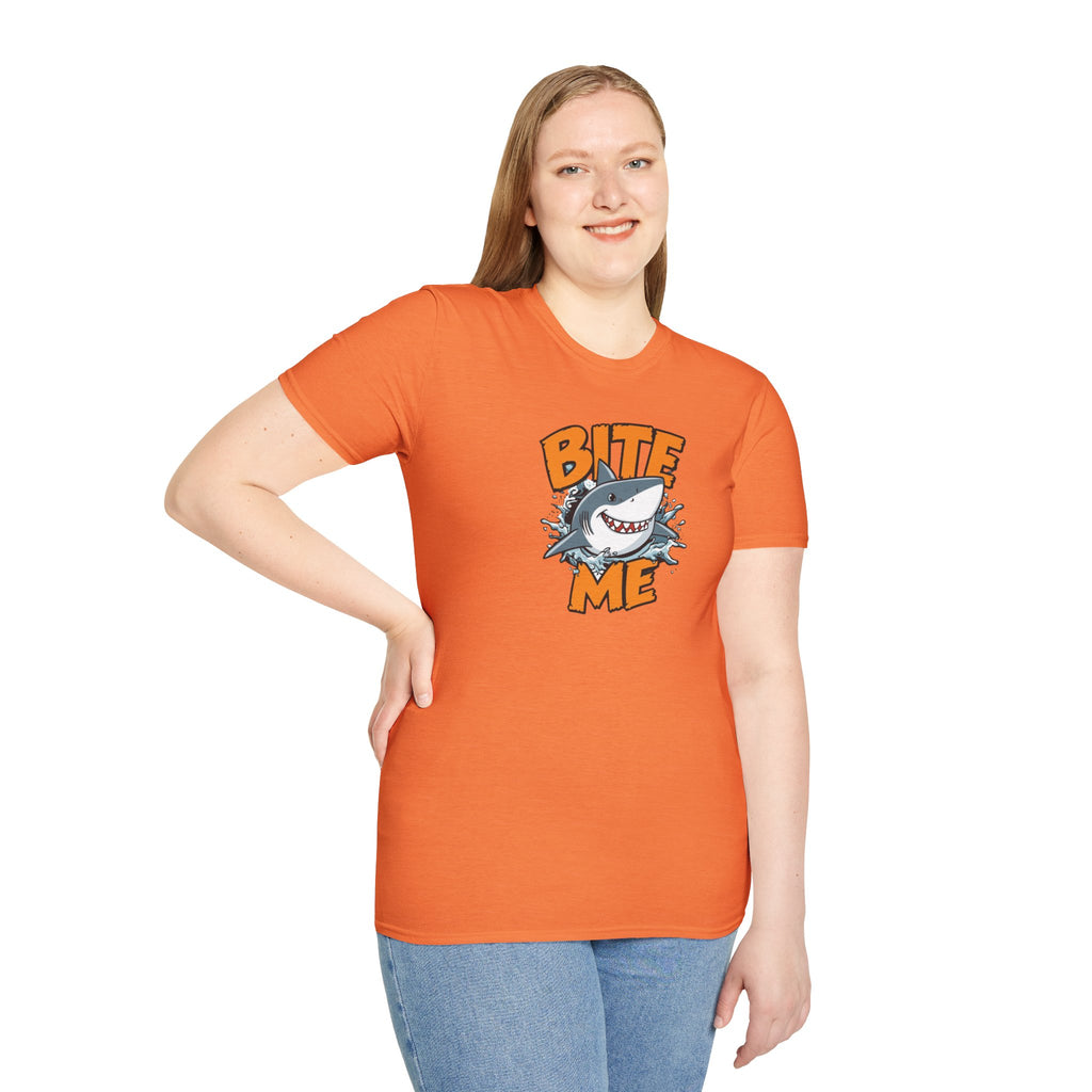 Unisex Softstyle T-Shirt,Bite Me Shark Shirt, Funny Beach Tee, Summer Ocean Shirt, Shark Lover Gift, Coastal Humor T-Shirt