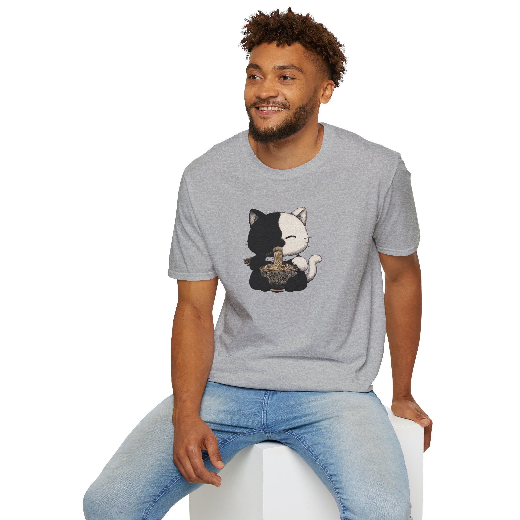 Unisex Softstyle T-Shirt, Cat eating Ramen