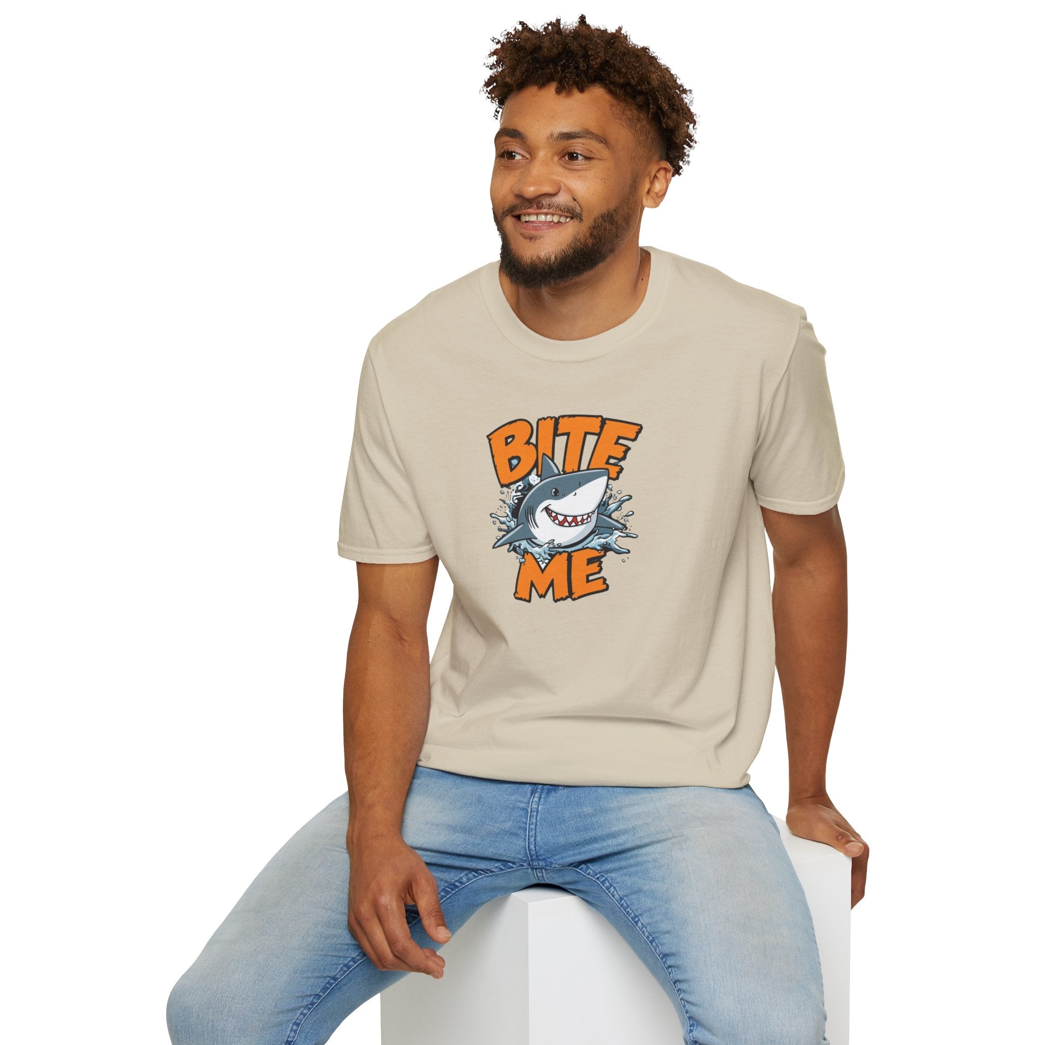 Unisex Softstyle T-Shirt,Bite Me Shark Shirt, Funny Beach Tee, Summer Ocean Shirt, Shark Lover Gift, Coastal Humor T-Shirt