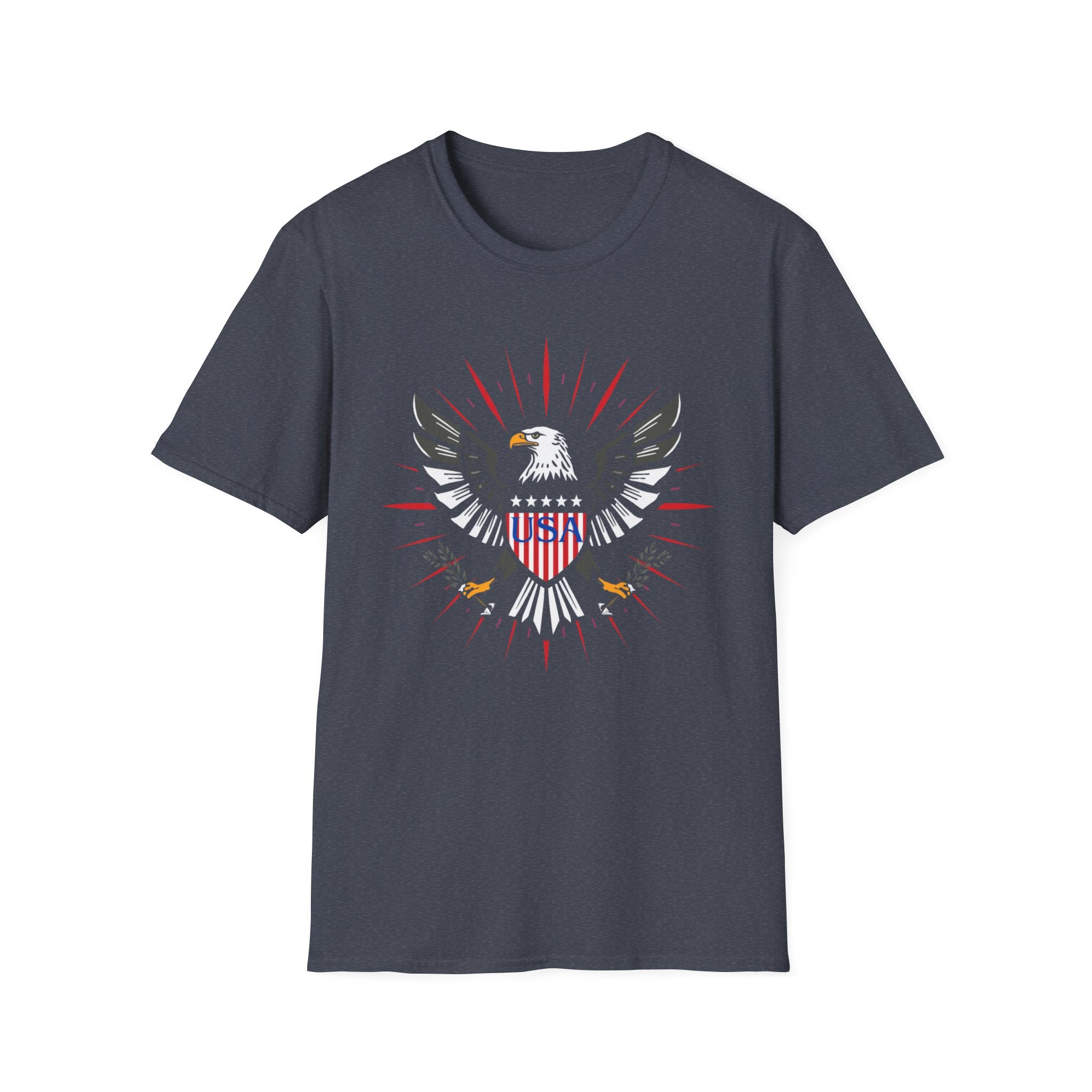 Unisex Softstyle T-Shirt, bold vector emblem, eagle crest, shield badge, patriotic colors, fireworks rays, clean lines, symmetrical design