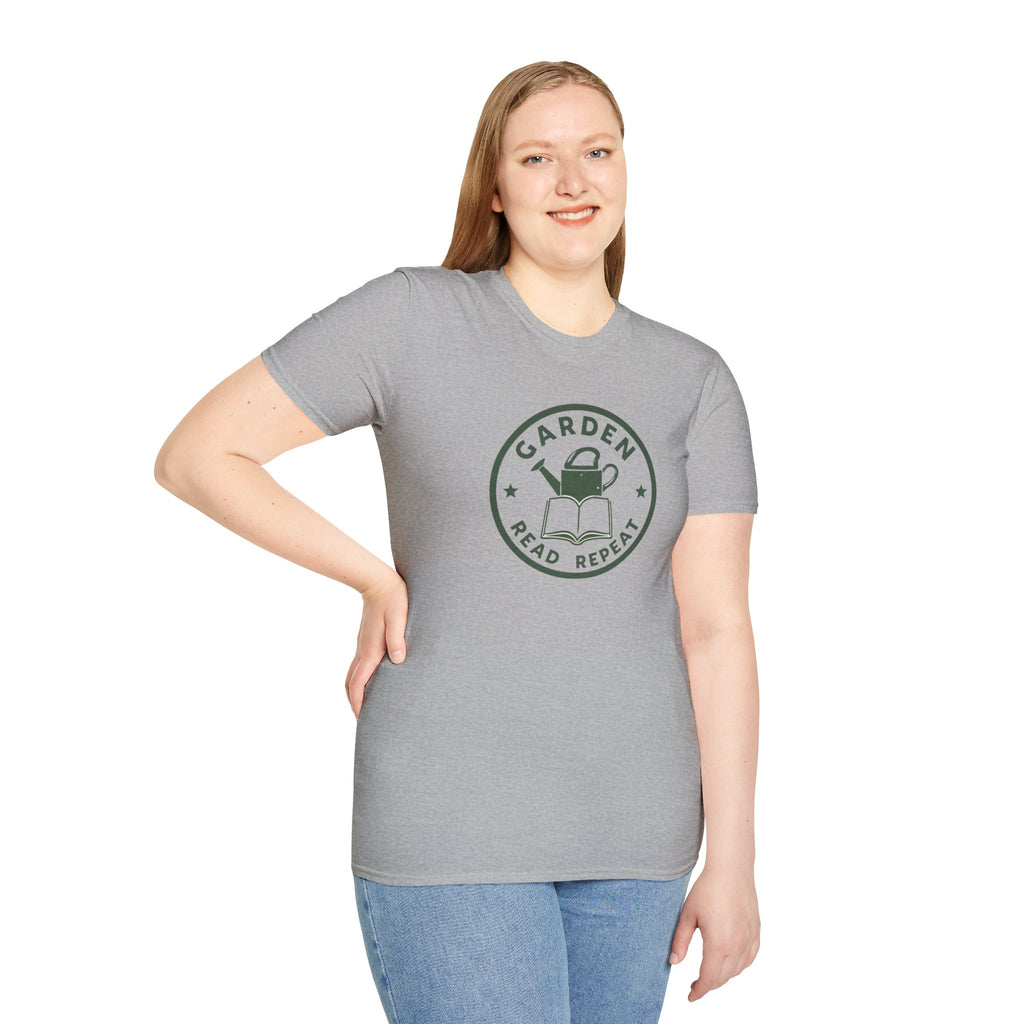 Unisex Softstyle T-Shirt,Garden Read Repeat Shirt, Gardening Book Lover Tee, Plant Reader Gift, Garden Lover T-Shirt, Bookish Gardener Tee