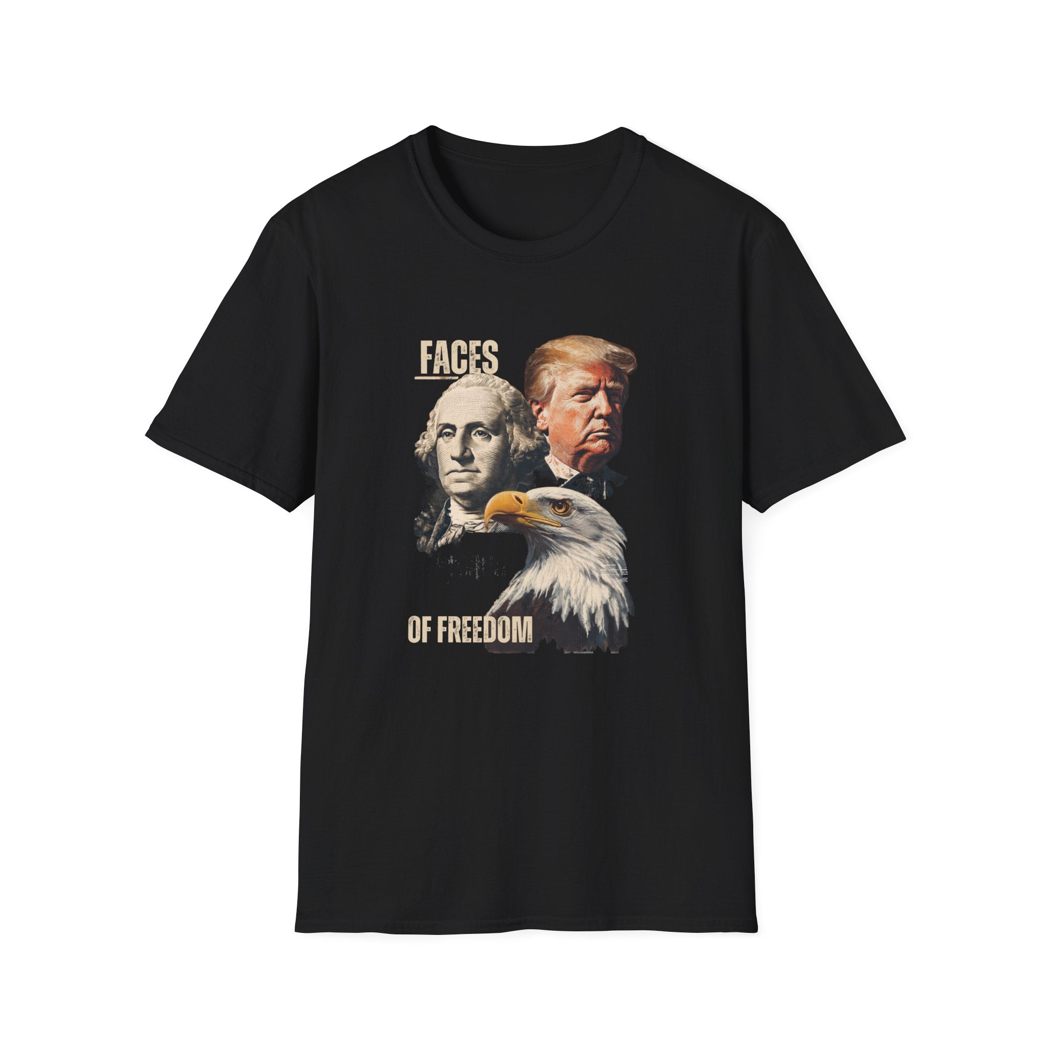 Unisex Softstyle T-Shirt, Faces Of Freedom Shirt, Washington Trump Patriotic Tee, American Eagle Flag Shirt, 4th of July Split Design USA Shirt