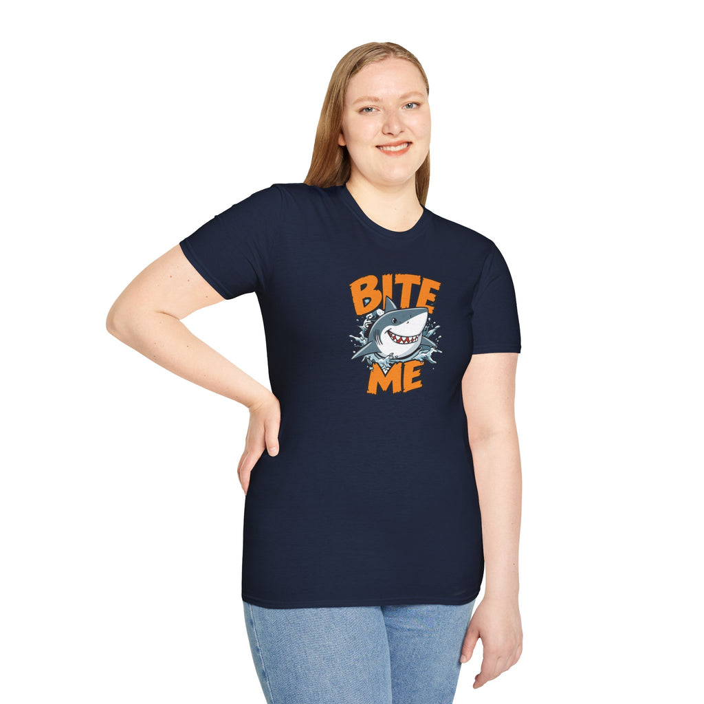 Unisex Softstyle T-Shirt,Bite Me Shark Shirt, Funny Beach Tee, Summer Ocean Shirt, Shark Lover Gift, Coastal Humor T-Shirt