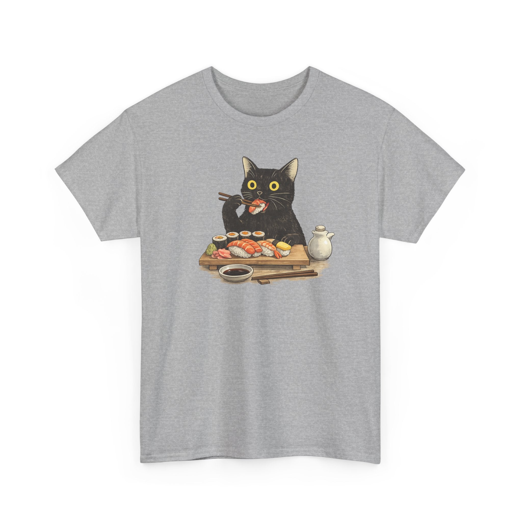 Unisex Heavy Cotton Tee, cat eating sushi