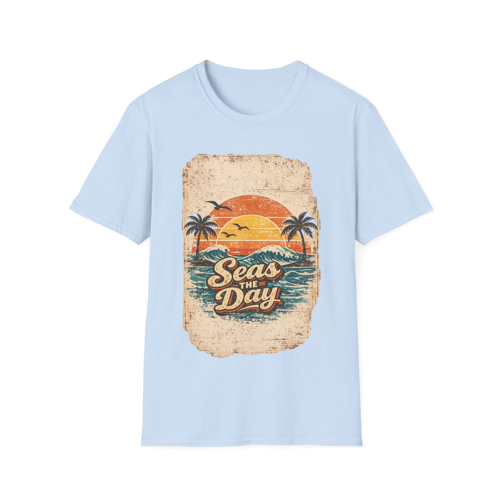 Unisex Softstyle T-Shirt, Seas The Day Beach Shirt, Retro Summer Vacation Tee, Ocean Lover T-Shirt, Coastal Graphic Tee