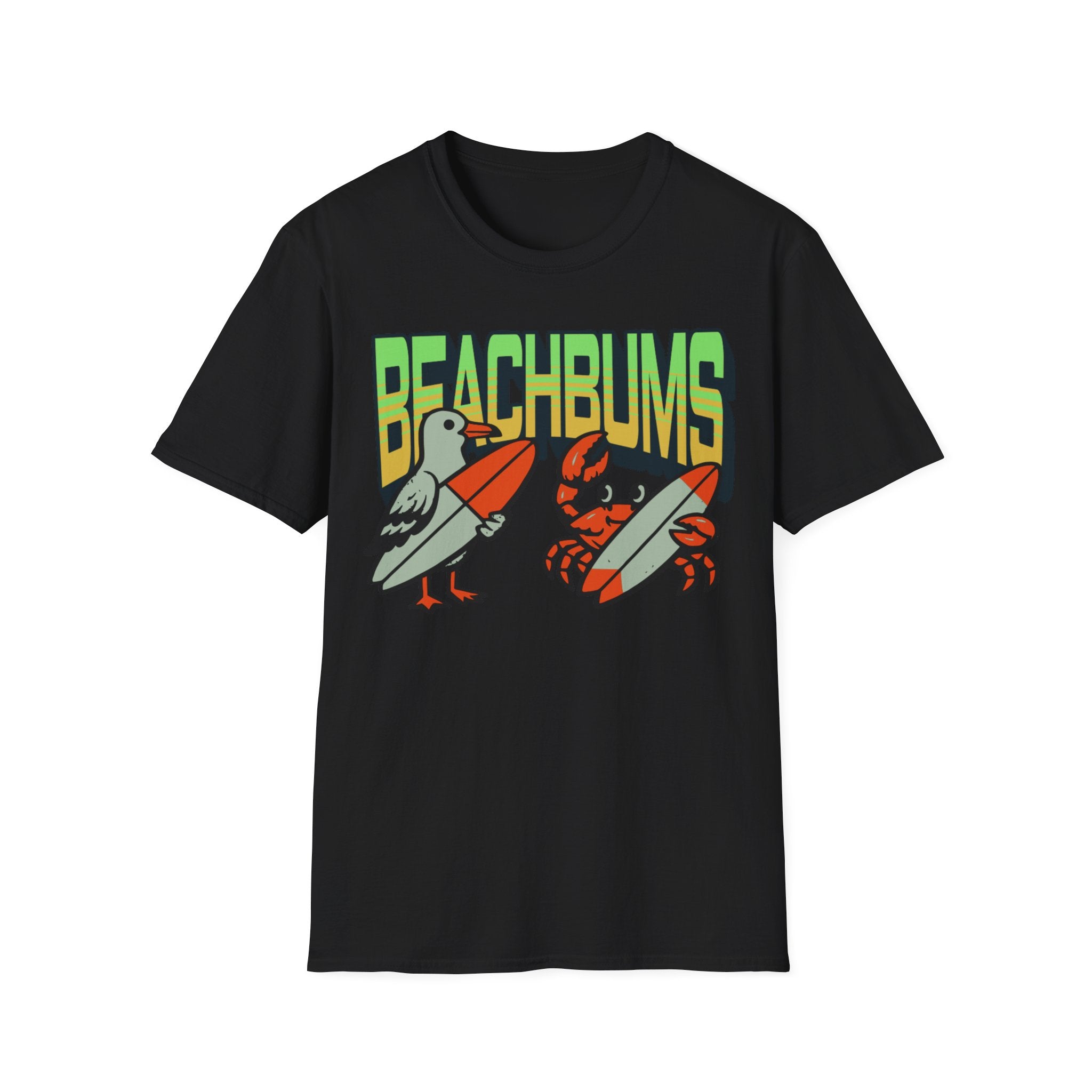 Unisex Softstyle T-Shirt, beachbums shirt, seagull and craps holding surf board