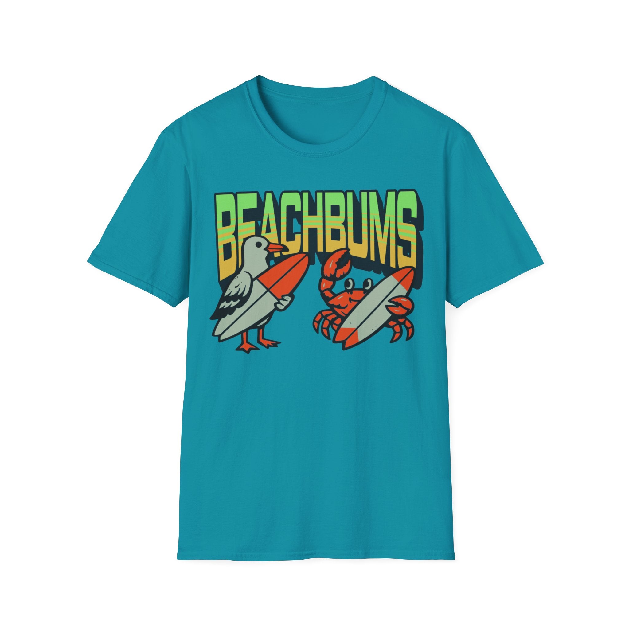 Unisex Softstyle T-Shirt, beachbums shirt, seagull and craps holding surf board