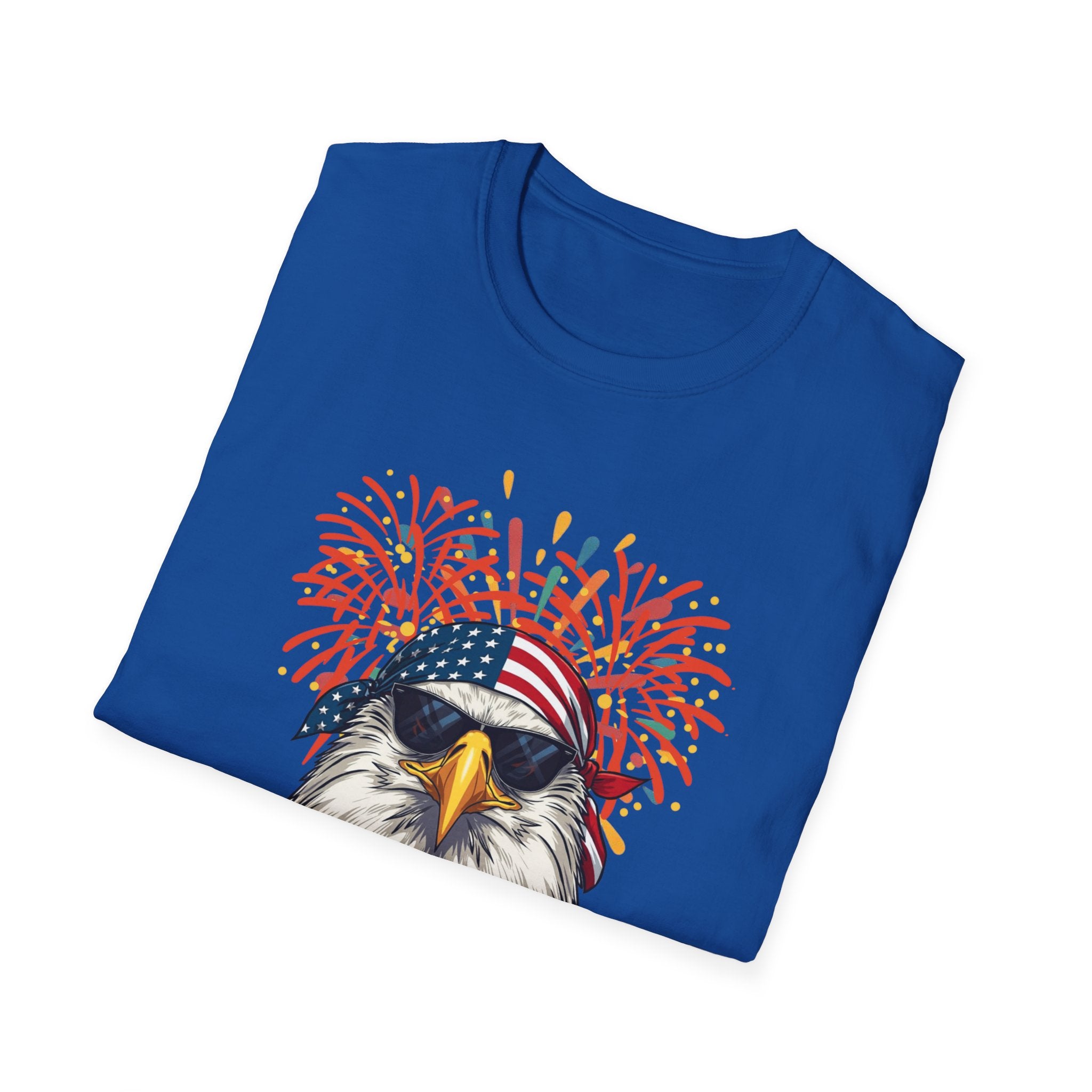 Unisex Softstyle T-Shirt, Funny American Eagle Sunglasses Shirt, Fourth of July Fireworks Tee, USA Pride Patriotic T-Shirt