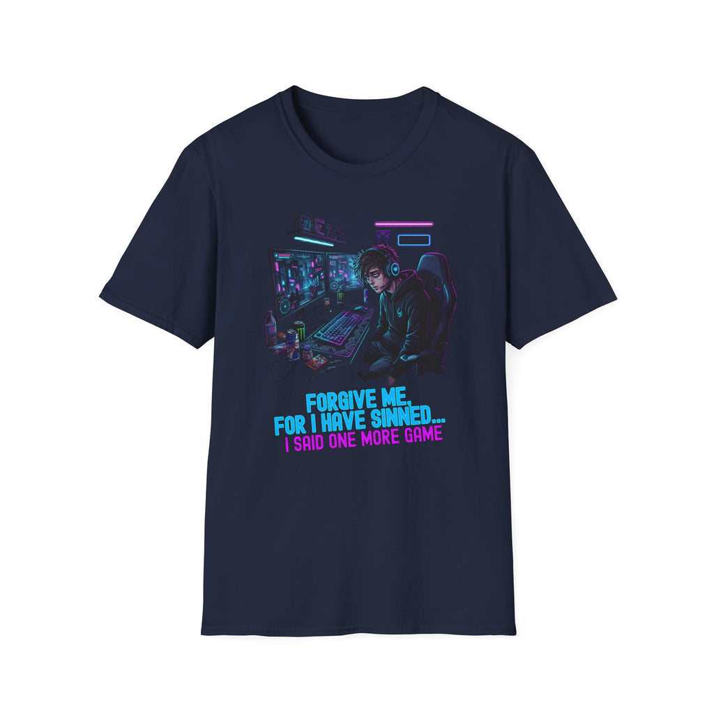 Unisex Softstyle T-Shirt, Forgive Me For I Have Sinned Gamer Shirt, One More Game Tee, Funny Gaming T-Shirt, Gamer Gift Idea, Neon Gaming Shirt
