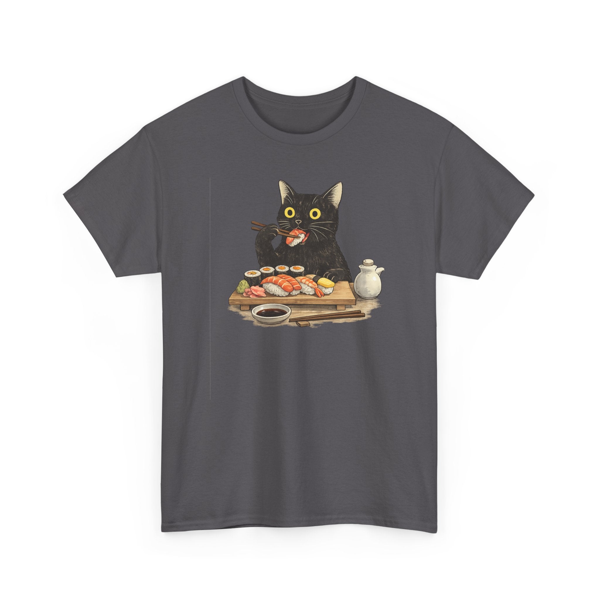Unisex Heavy Cotton Tee, cat eating sushi