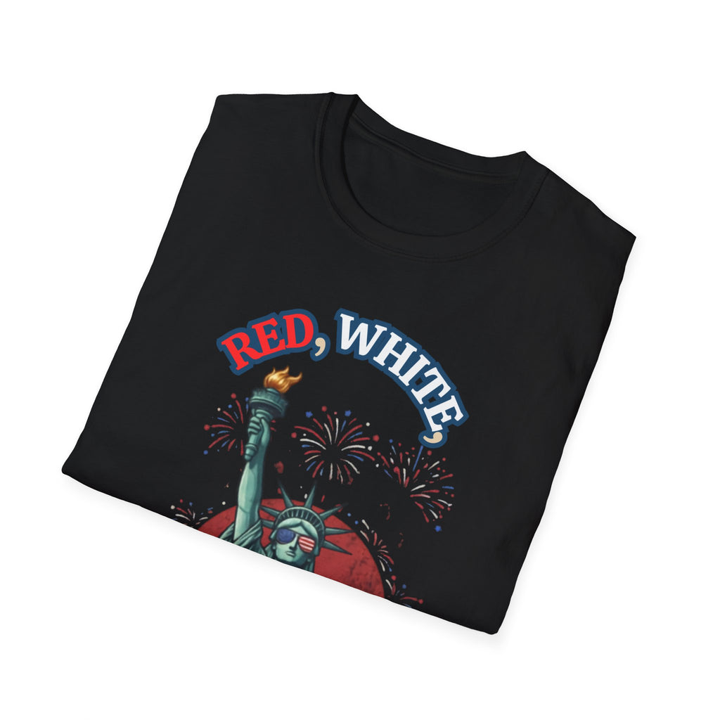 Unisex Softstyle T-Shirt, red white and bold statue of liberty