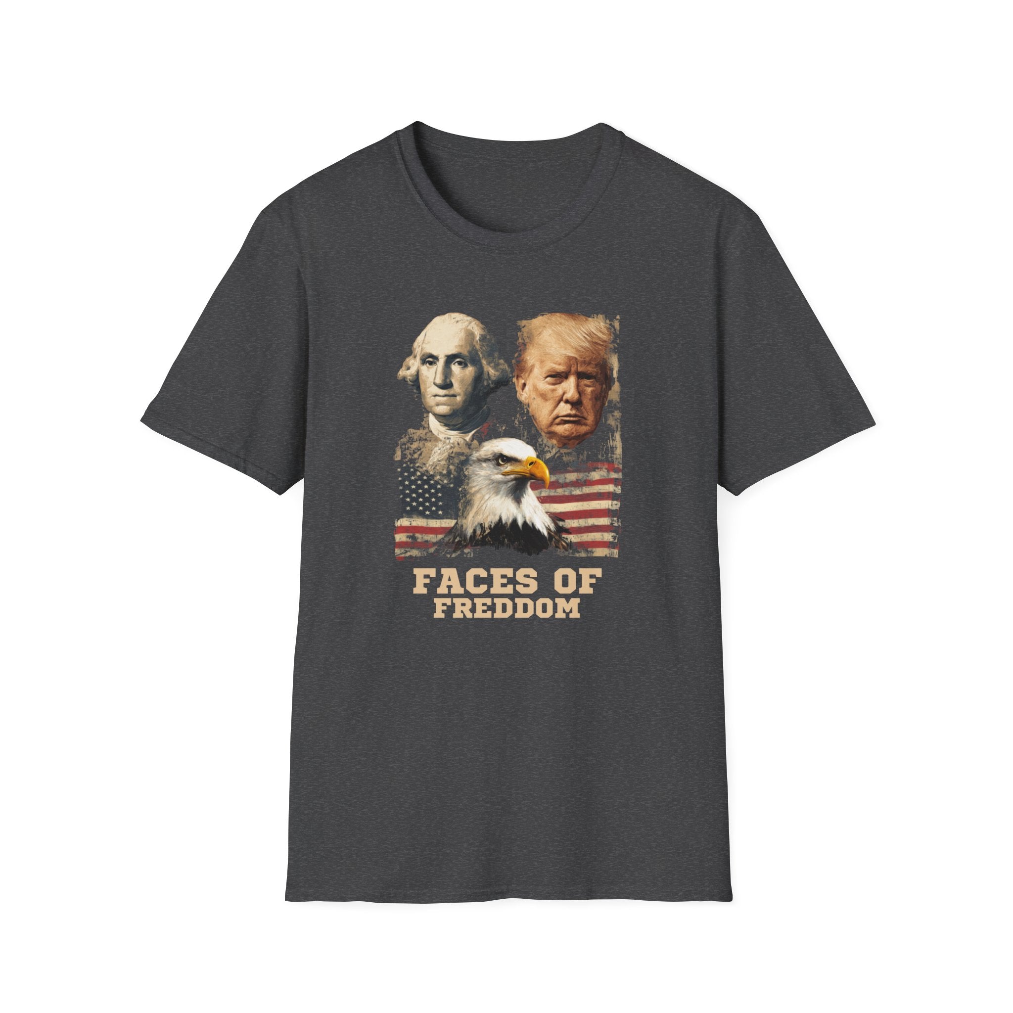 Unisex Softstyle T-Shirt, Faces Of Freedom Shirt, Washington Trump Patriotic Tee, American Eagle Flag Shirt, 4th of July Split Design USA Shirt
