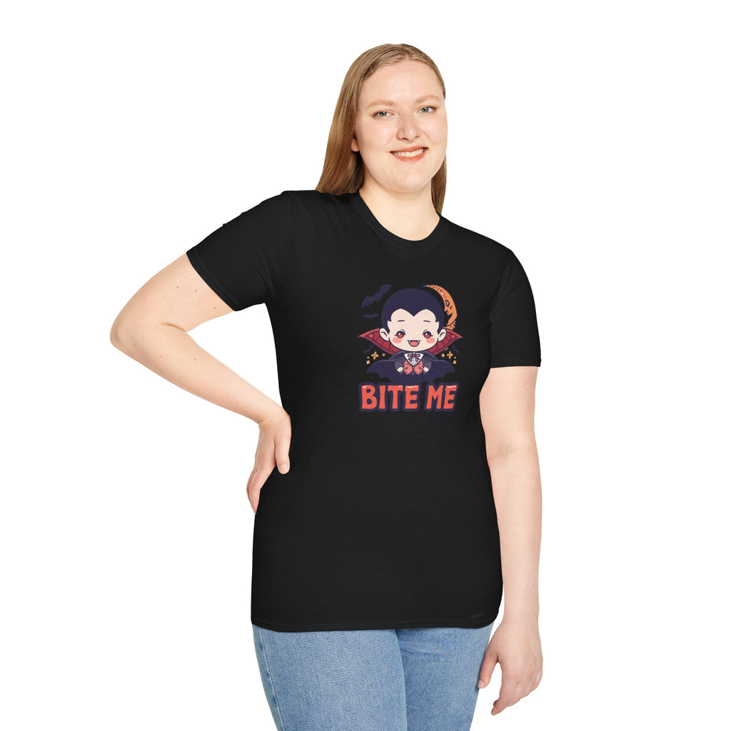 Unisex Softstyle T-Shirt,Bite Me Vampire Shirt, Cute Halloween Tee, Funny Spooky Shirt, Chibi Vampire T-Shirt, Gothic Funny Tee