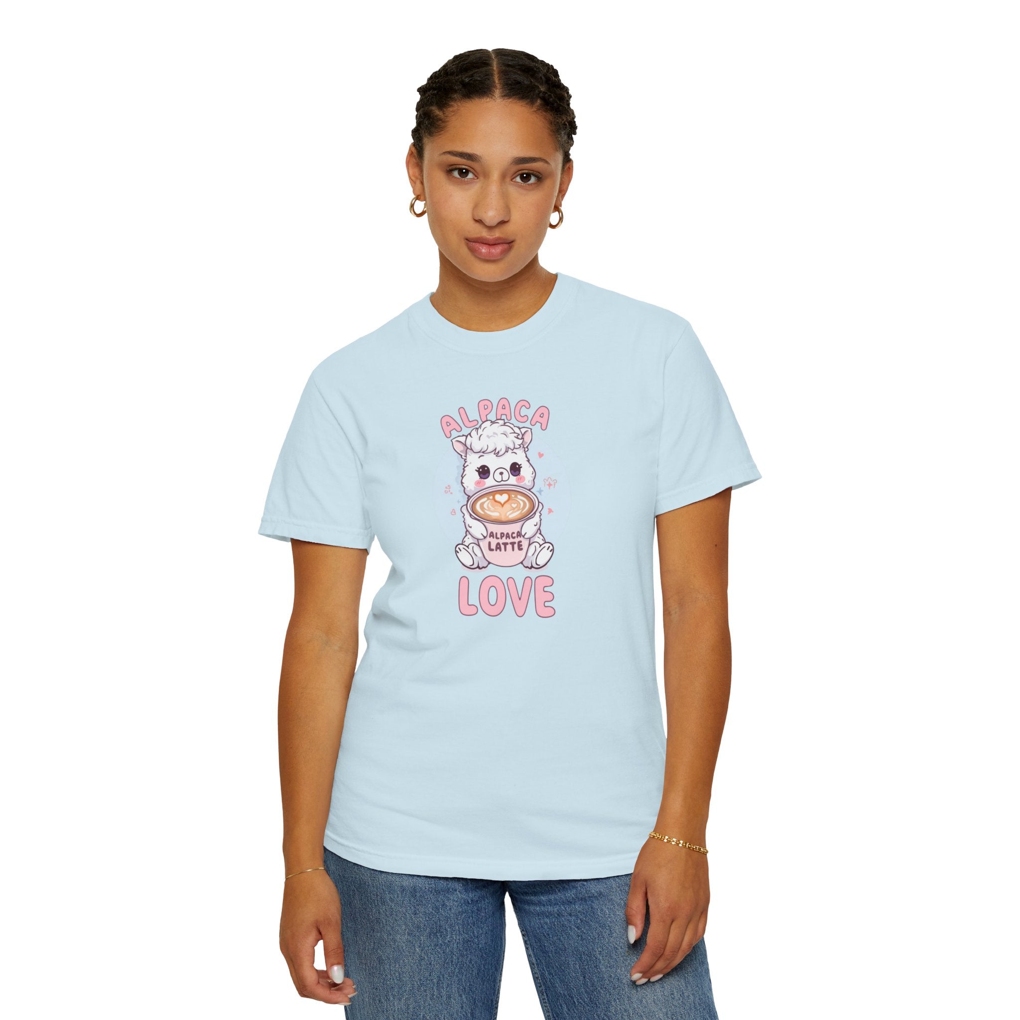 Unisex Garment-Dyed T-shirt, Alpaca Latte Love Shirt, Cute Coffee Lover Tee, Kawaii Alpaca Gift, Aesthetic Barista Shirt, Sweet Animal Graphic Tee