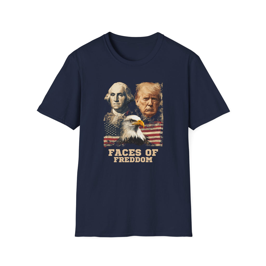Unisex Softstyle T-Shirt, Faces Of Freedom Shirt, Washington Trump Patriotic Tee, American Eagle Flag Shirt, 4th of July Split Design USA Shirt
