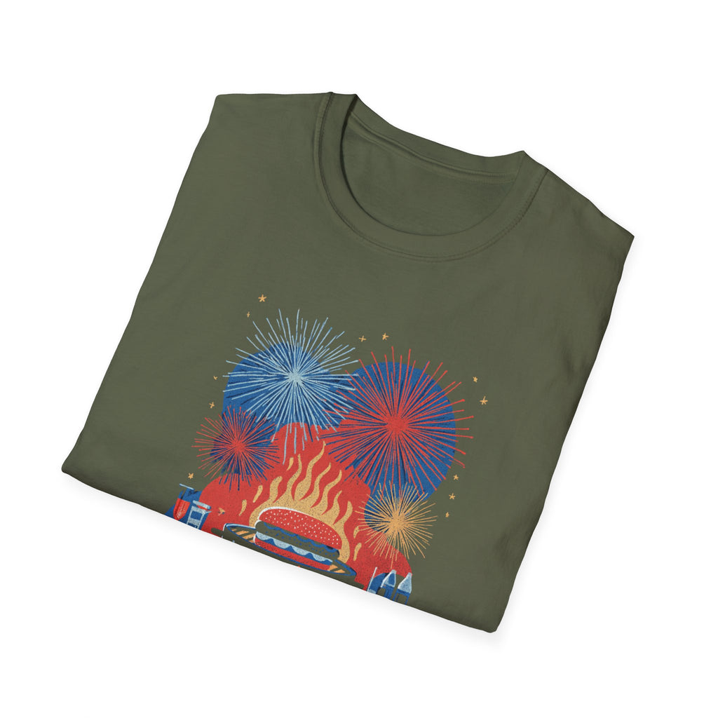 Unisex Softstyle T-Shirt, Happy Independence Day BBQ Shirt, 4th of July Party Tee, Grill & Fireworks Shirt