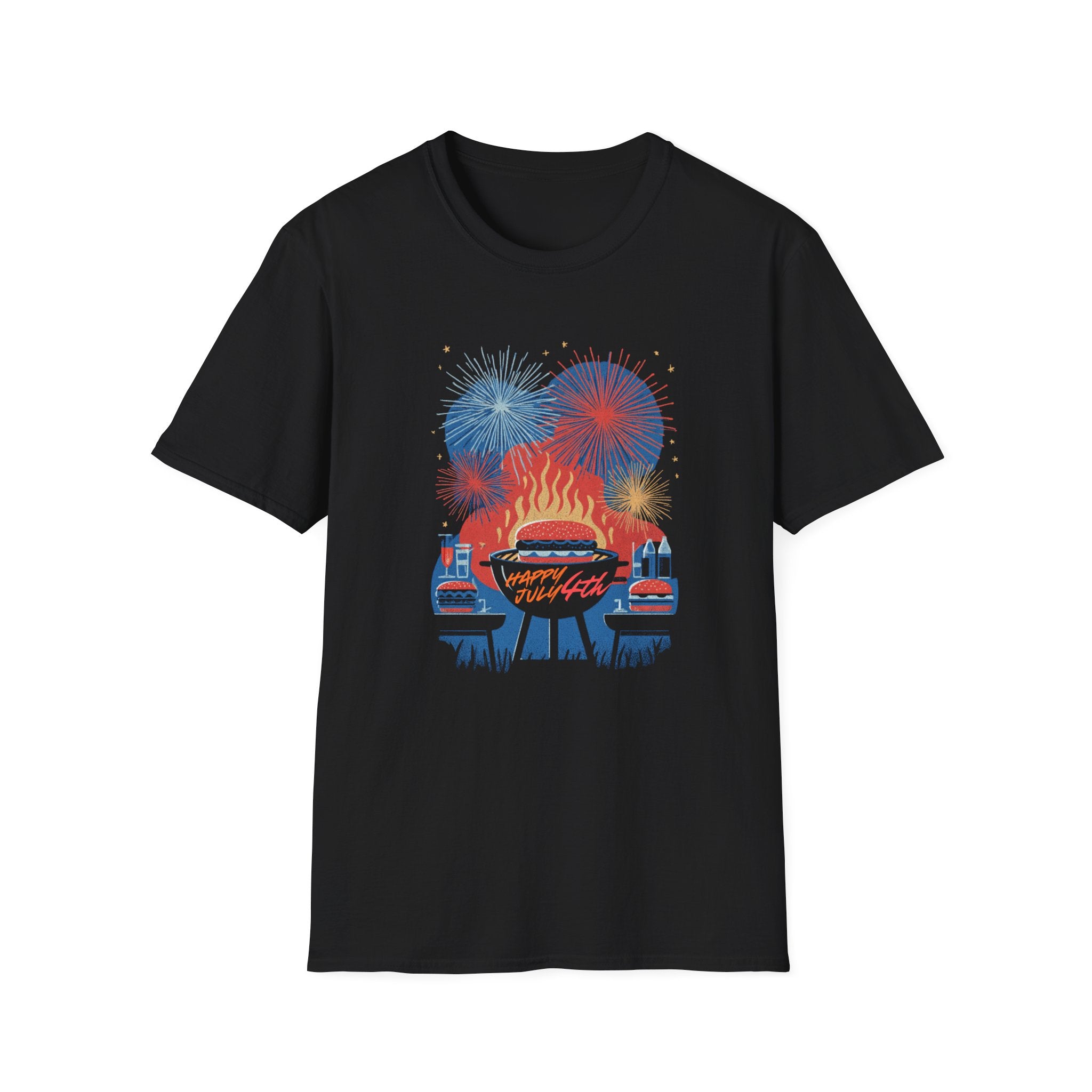 Unisex Softstyle T-Shirt, Happy Independence Day BBQ Shirt, 4th of July Party Tee, Grill & Fireworks Shirt