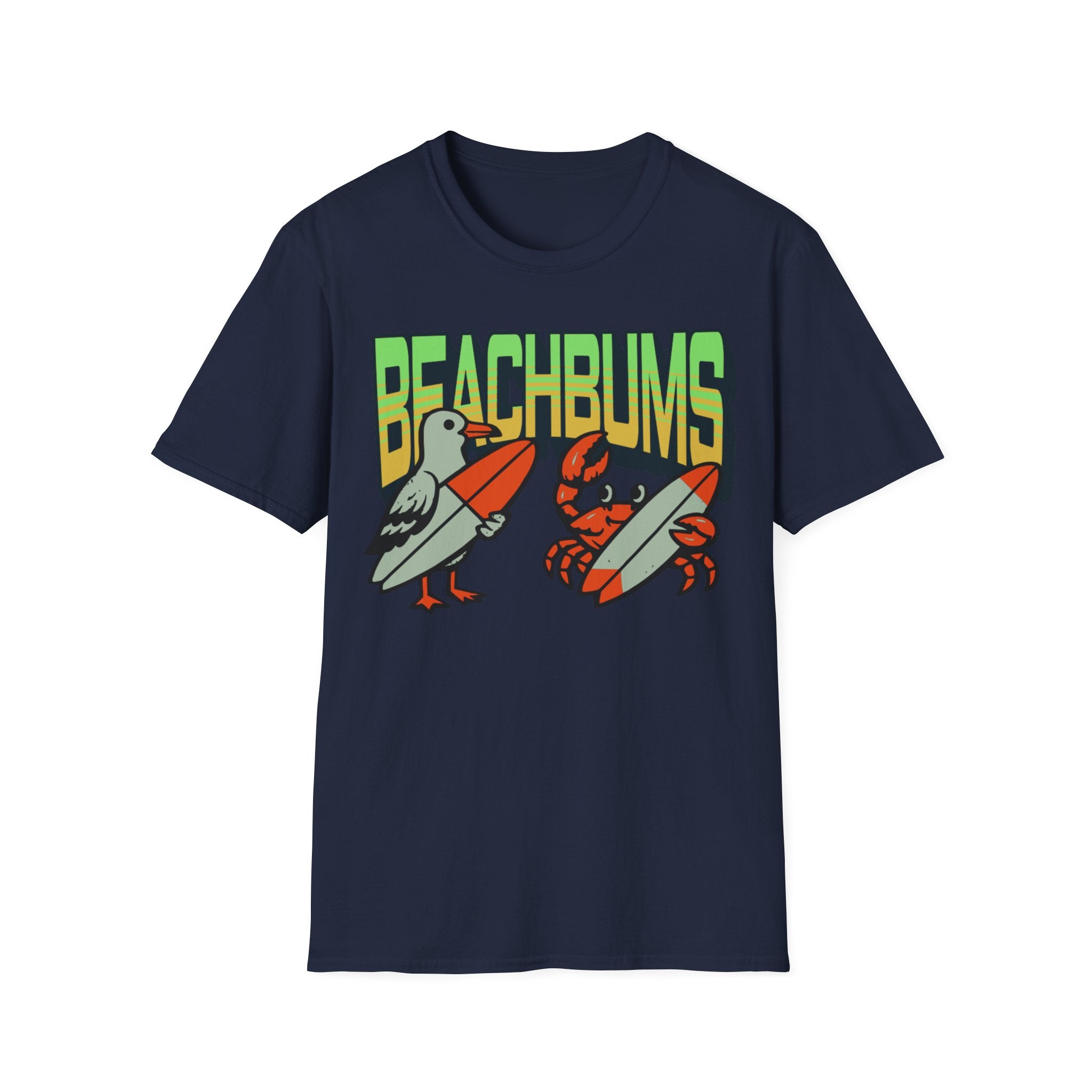 Unisex Softstyle T-Shirt, beachbums shirt, seagull and craps holding surf board