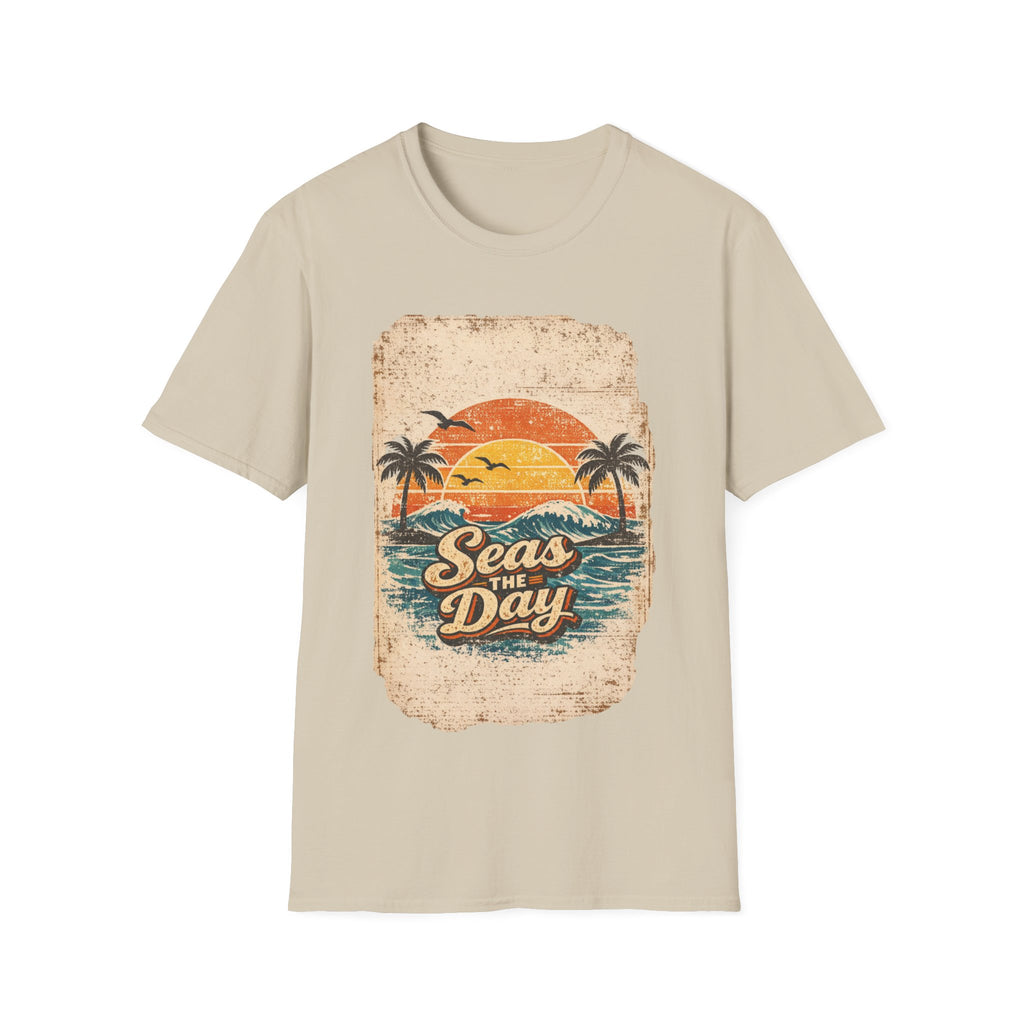 Unisex Softstyle T-Shirt, Seas The Day Beach Shirt, Retro Summer Vacation Tee, Ocean Lover T-Shirt, Coastal Graphic Tee