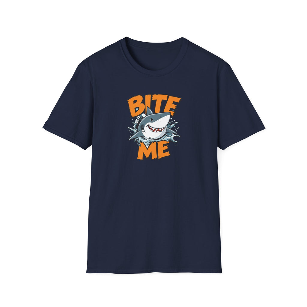 Unisex Softstyle T-Shirt,Bite Me Shark Shirt, Funny Beach Tee, Summer Ocean Shirt, Shark Lover Gift, Coastal Humor T-Shirt