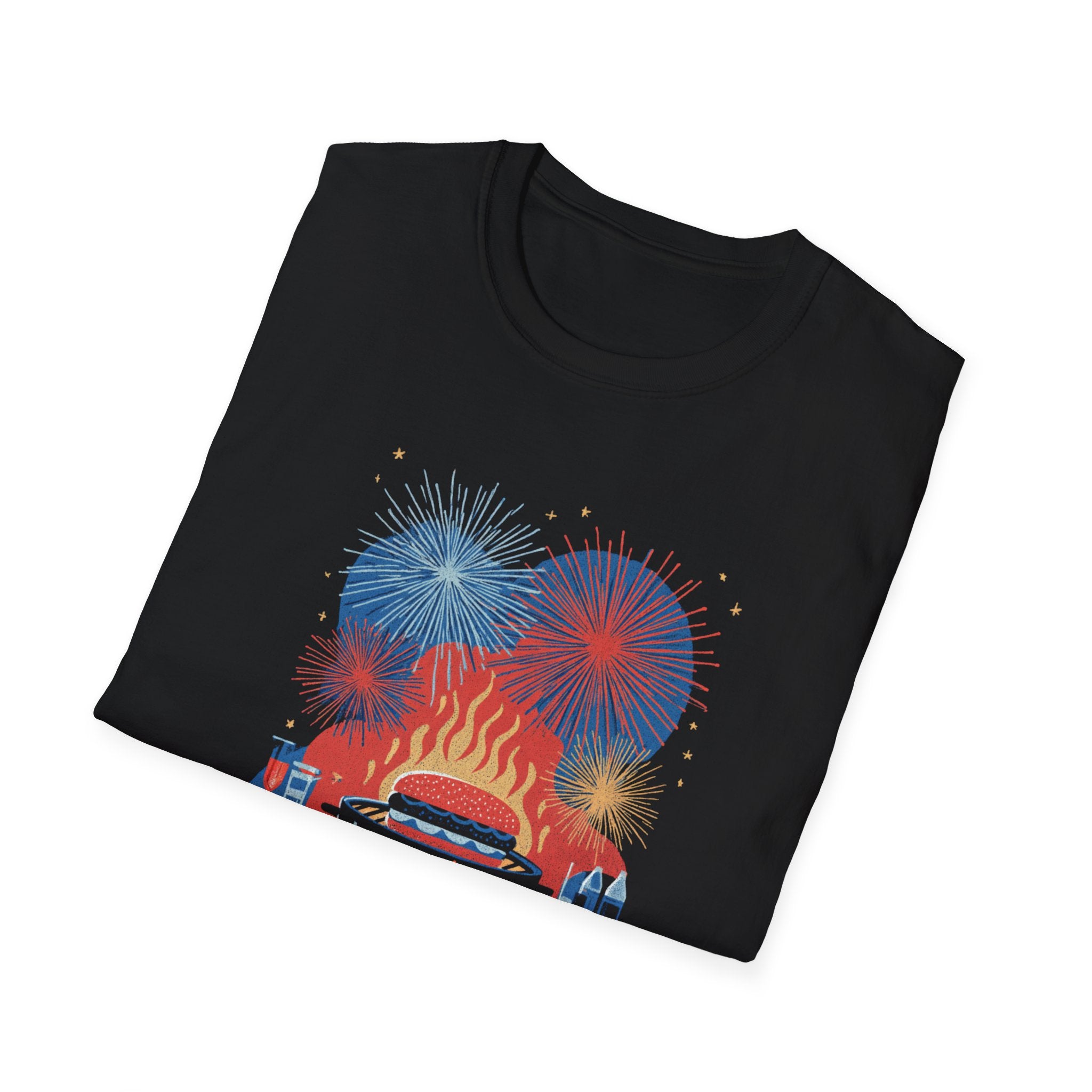Unisex Softstyle T-Shirt, Happy Independence Day BBQ Shirt, 4th of July Party Tee, Grill & Fireworks Shirt