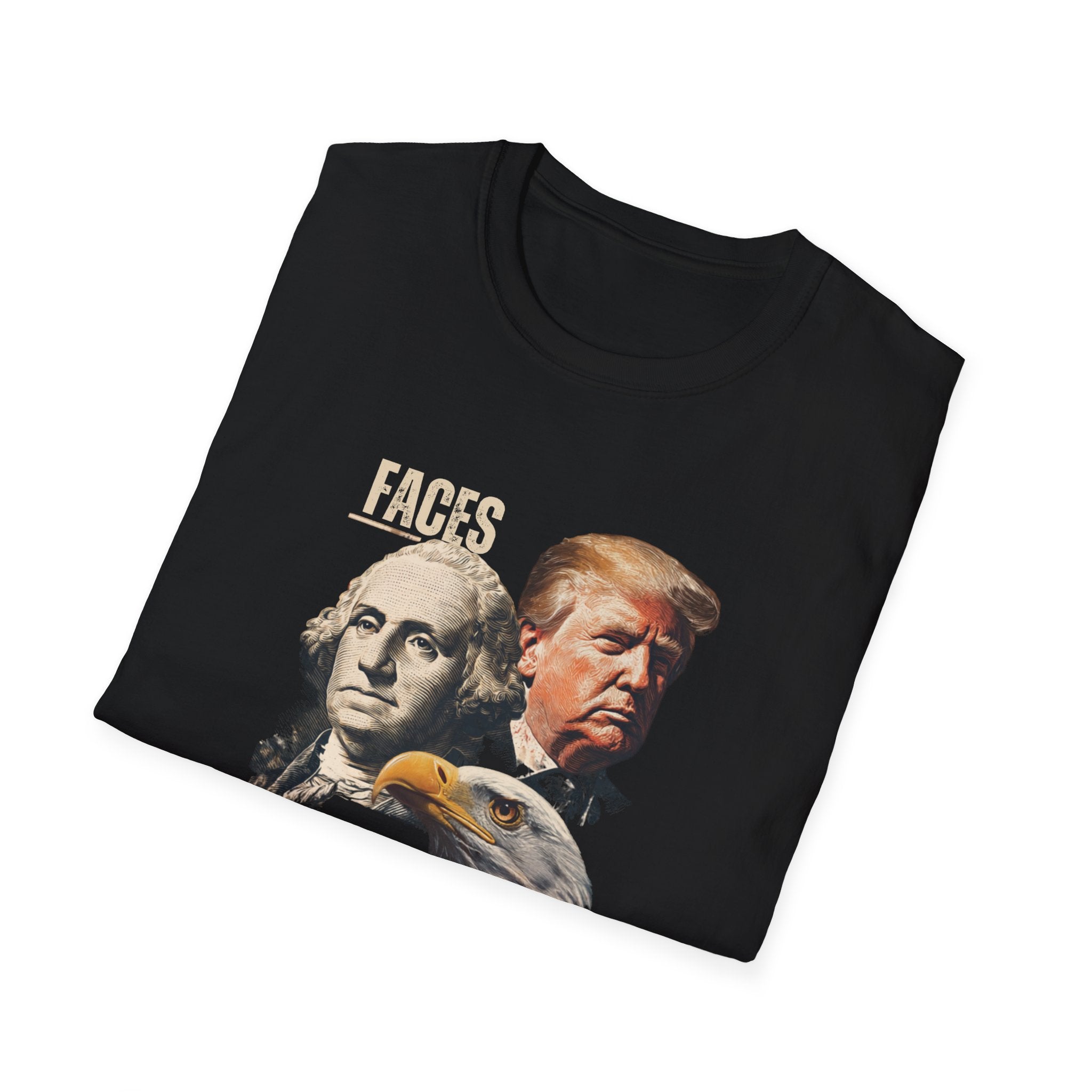 Unisex Softstyle T-Shirt, Faces Of Freedom Shirt, Washington Trump Patriotic Tee, American Eagle Flag Shirt, 4th of July Split Design USA Shirt