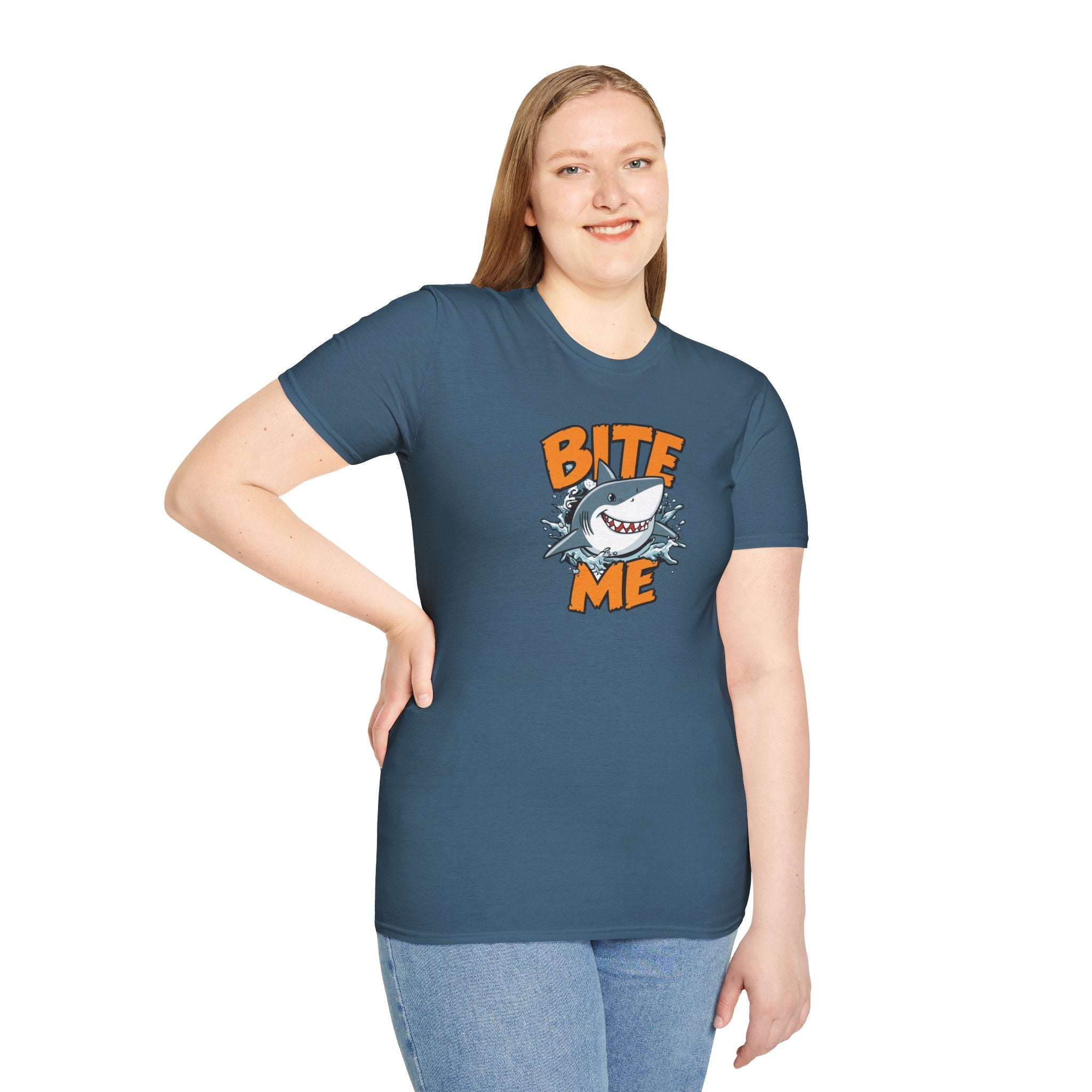 Unisex Softstyle T-Shirt,Bite Me Shark Shirt, Funny Beach Tee, Summer Ocean Shirt, Shark Lover Gift, Coastal Humor T-Shirt