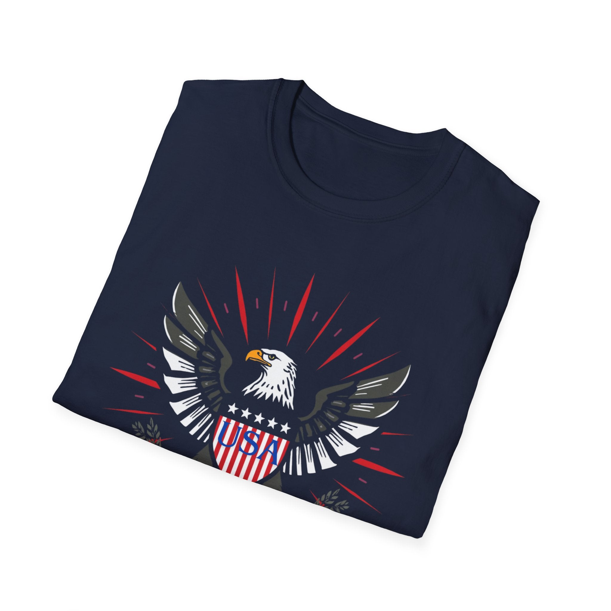 Unisex Softstyle T-Shirt, bold vector emblem, eagle crest, shield badge, patriotic colors, fireworks rays, clean lines, symmetrical design