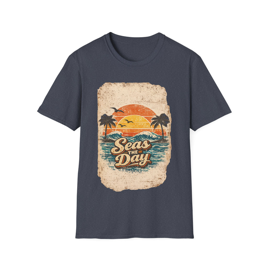 Unisex Softstyle T-Shirt, Seas The Day Beach Shirt, Retro Summer Vacation Tee, Ocean Lover T-Shirt, Coastal Graphic Tee