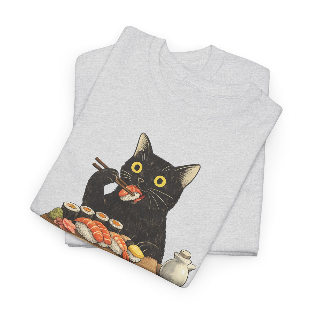 Unisex Heavy Cotton Tee, cat eating sushi