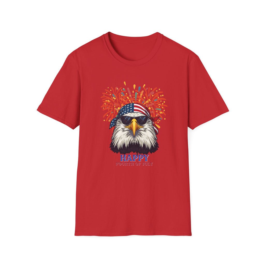 Unisex Softstyle T-Shirt, Funny American Eagle Sunglasses Shirt, Fourth of July Fireworks Tee, USA Pride Patriotic T-Shirt