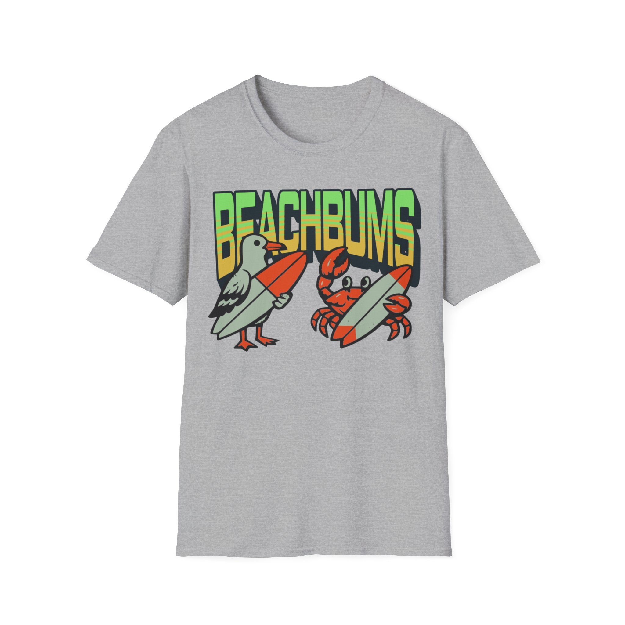 Unisex Softstyle T-Shirt, beachbums shirt, seagull and craps holding surf board