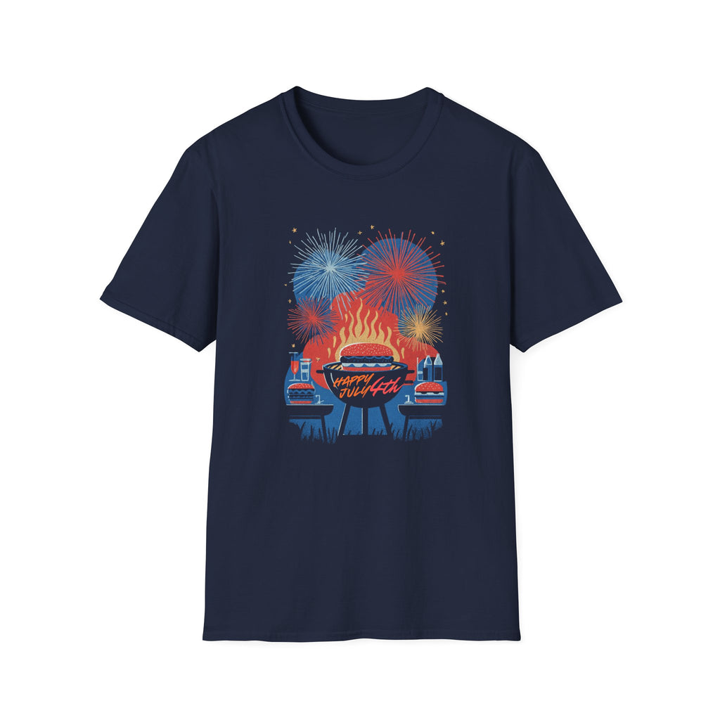 Unisex Softstyle T-Shirt, Happy Independence Day BBQ Shirt, 4th of July Party Tee, Grill & Fireworks Shirt