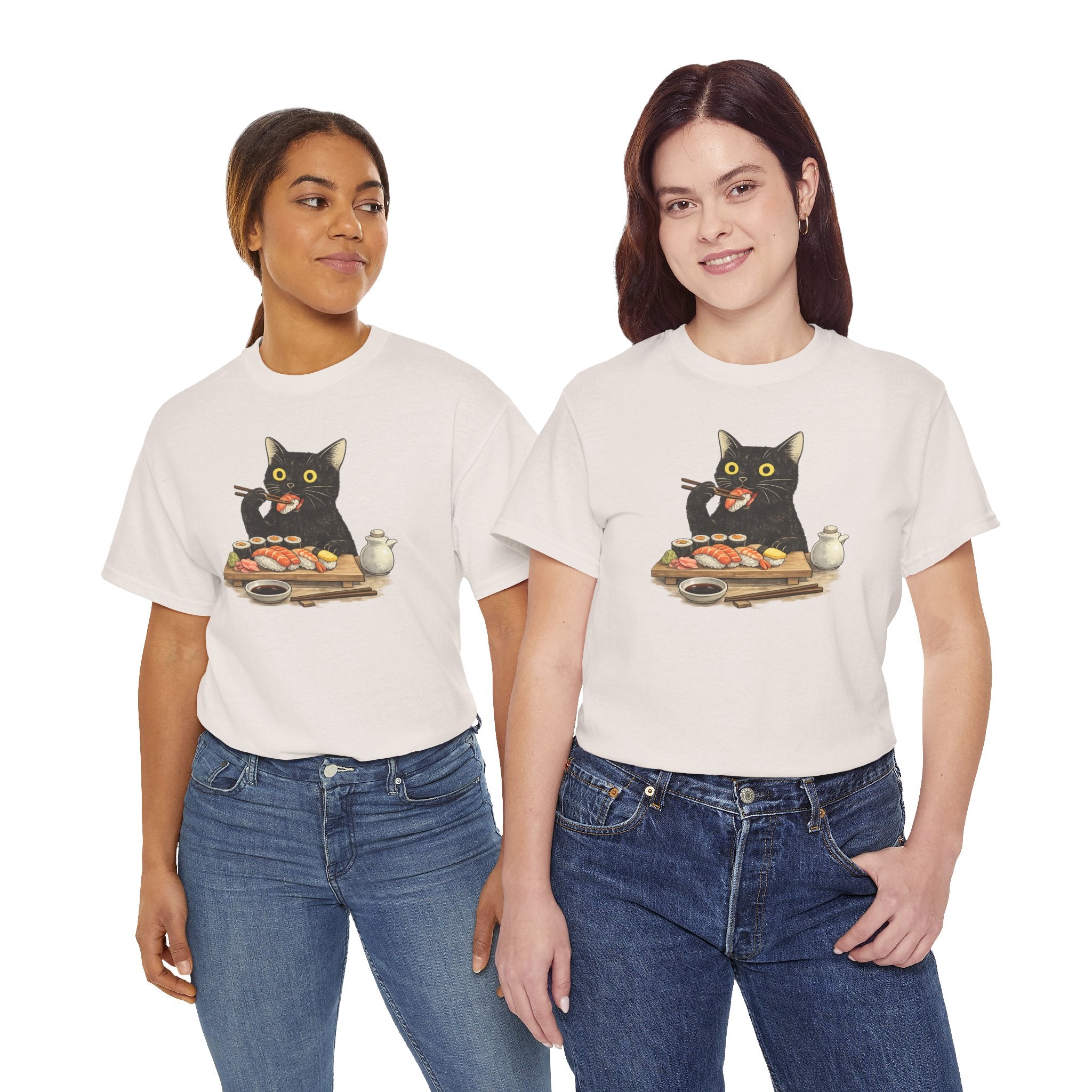 Unisex Heavy Cotton Tee, cat eating sushi