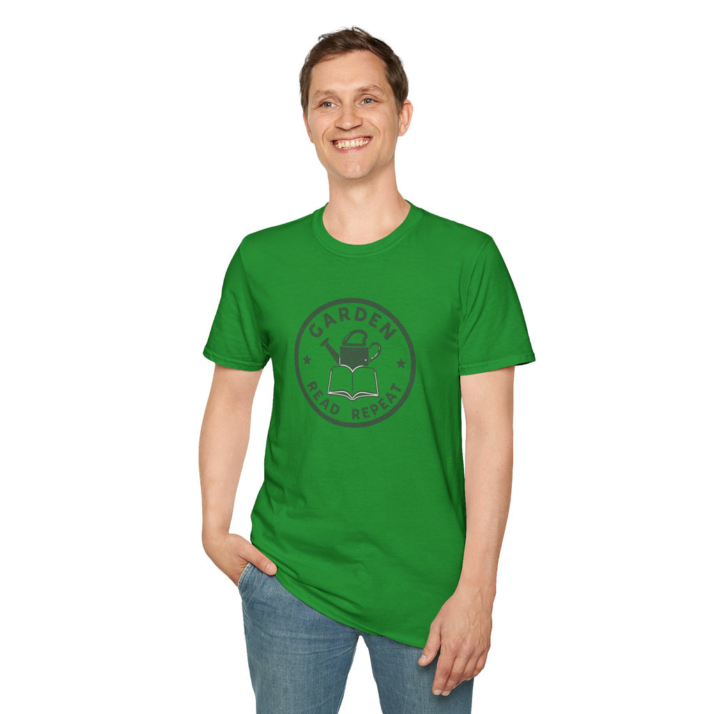 Unisex Softstyle T-Shirt,Garden Read Repeat Shirt, Gardening Book Lover Tee, Plant Reader Gift, Garden Lover T-Shirt, Bookish Gardener Tee