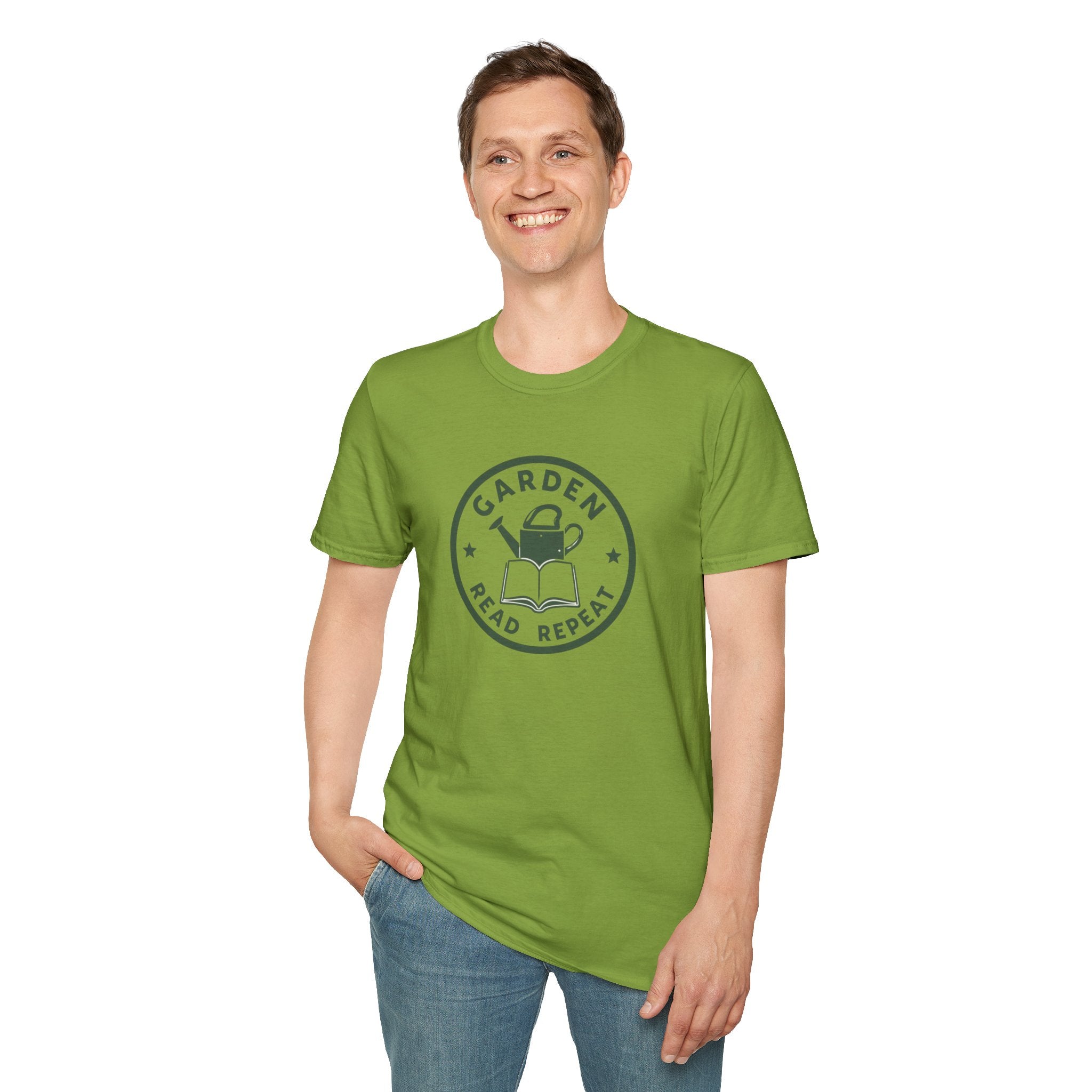 Unisex Softstyle T-Shirt,Garden Read Repeat Shirt, Gardening Book Lover Tee, Plant Reader Gift, Garden Lover T-Shirt, Bookish Gardener Tee