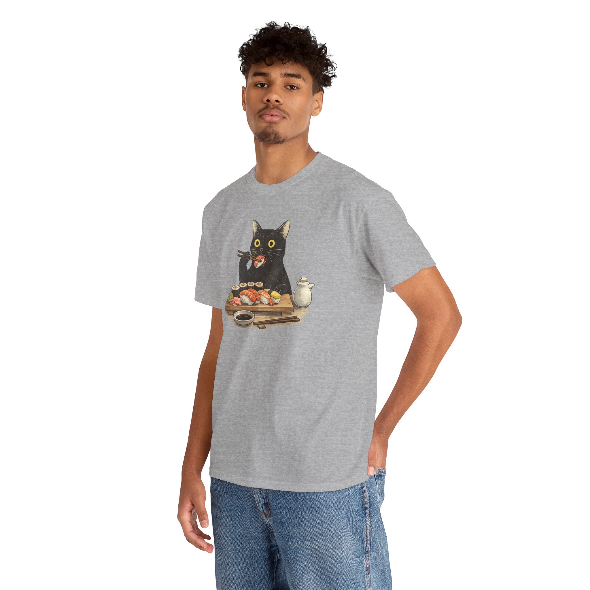 Unisex Heavy Cotton Tee, cat eating sushi