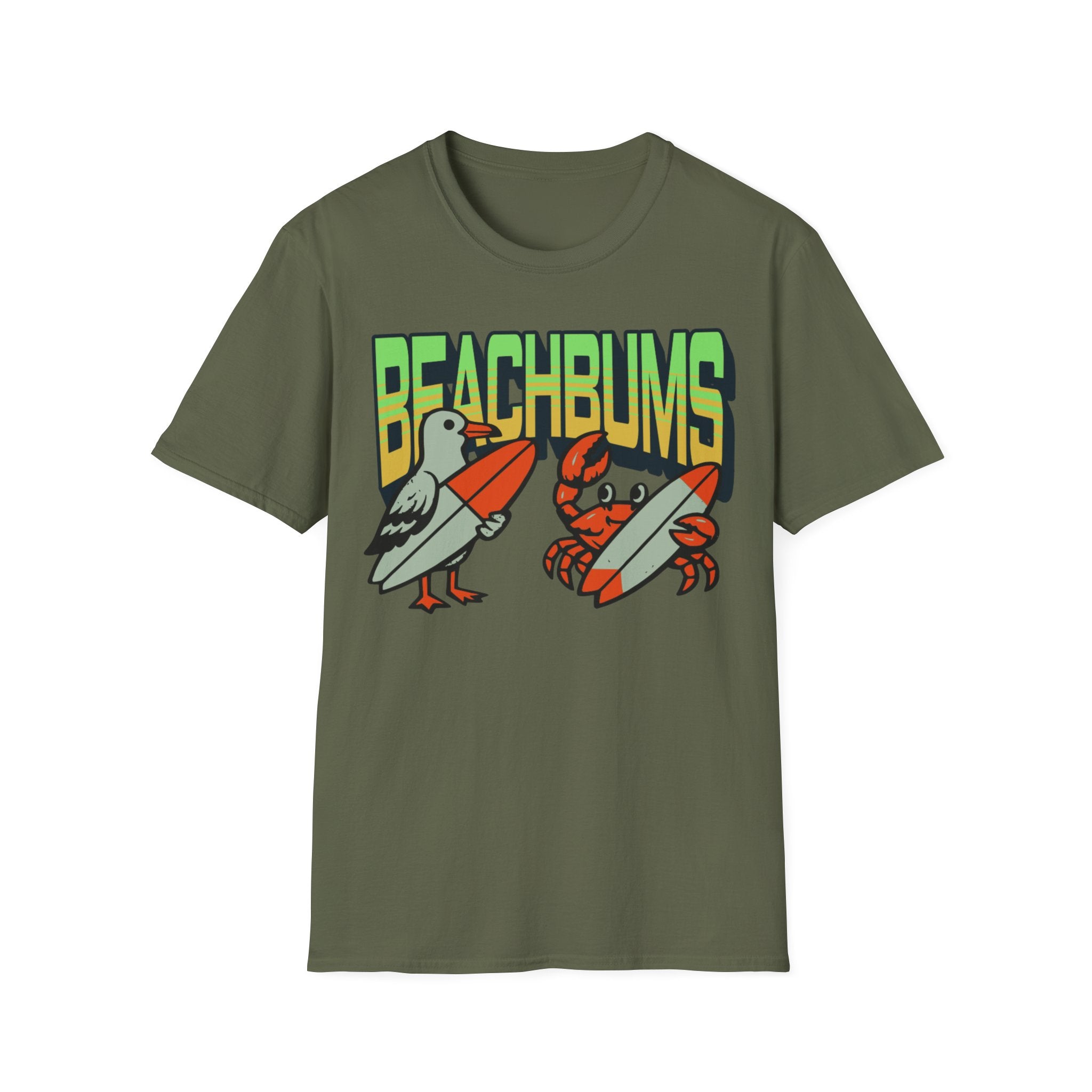 Unisex Softstyle T-Shirt, beachbums shirt, seagull and craps holding surf board