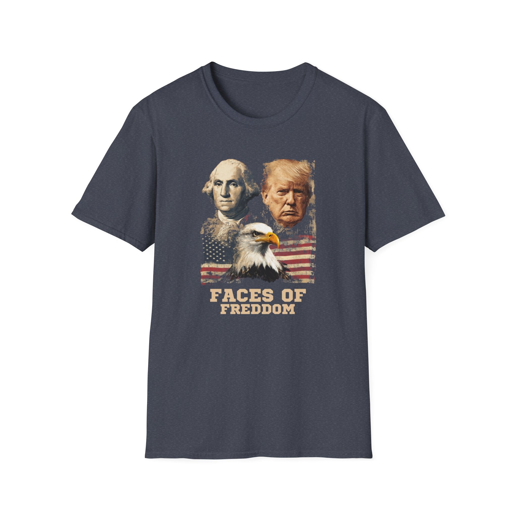 Unisex Softstyle T-Shirt, Faces Of Freedom Shirt, Washington Trump Patriotic Tee, American Eagle Flag Shirt, 4th of July Split Design USA Shirt