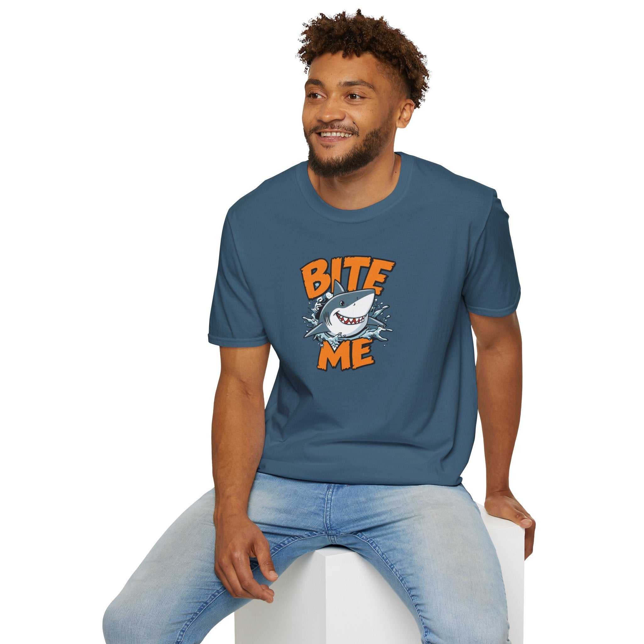 Unisex Softstyle T-Shirt,Bite Me Shark Shirt, Funny Beach Tee, Summer Ocean Shirt, Shark Lover Gift, Coastal Humor T-Shirt