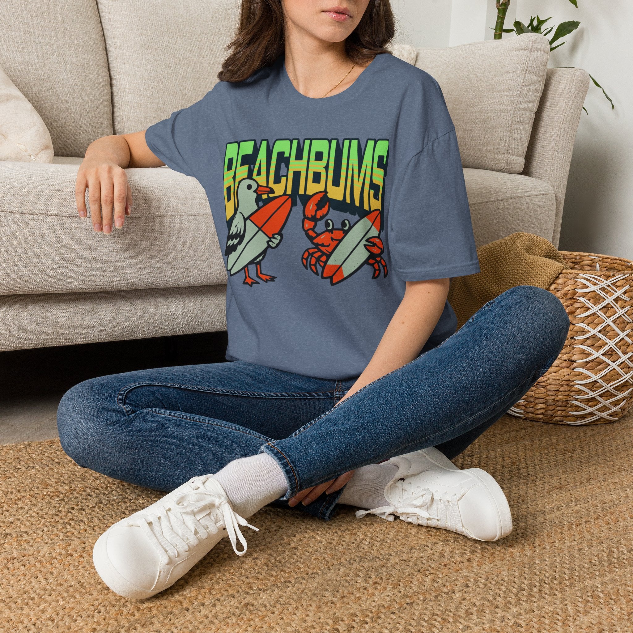Unisex Softstyle T-Shirt, beachbums shirt, seagull and craps holding surf board