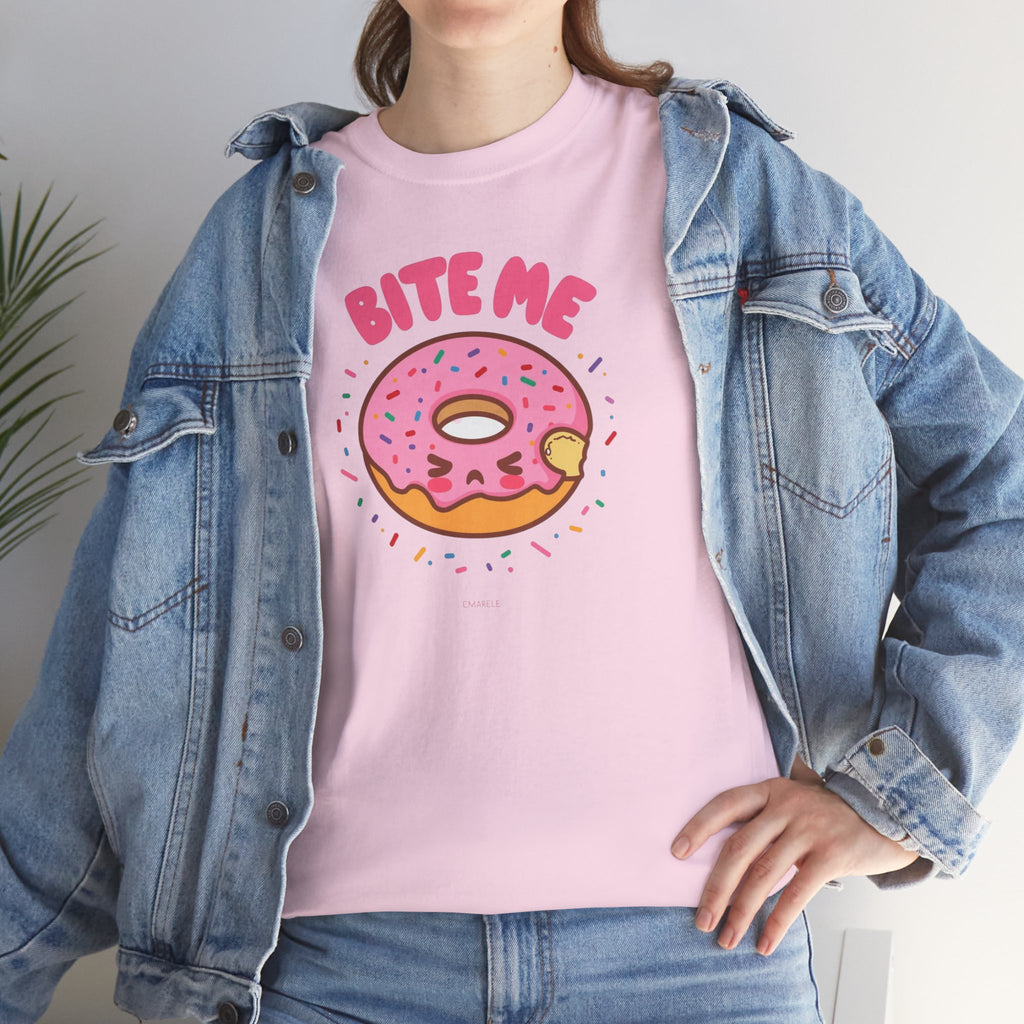 Unisex Heavy Cotton Tee,Bite Me Donut Shirt, Funny Food Tee, Cute Kawaii Donut T-Shirt, Sweet Humor Shirt, Bakery Lover Gift