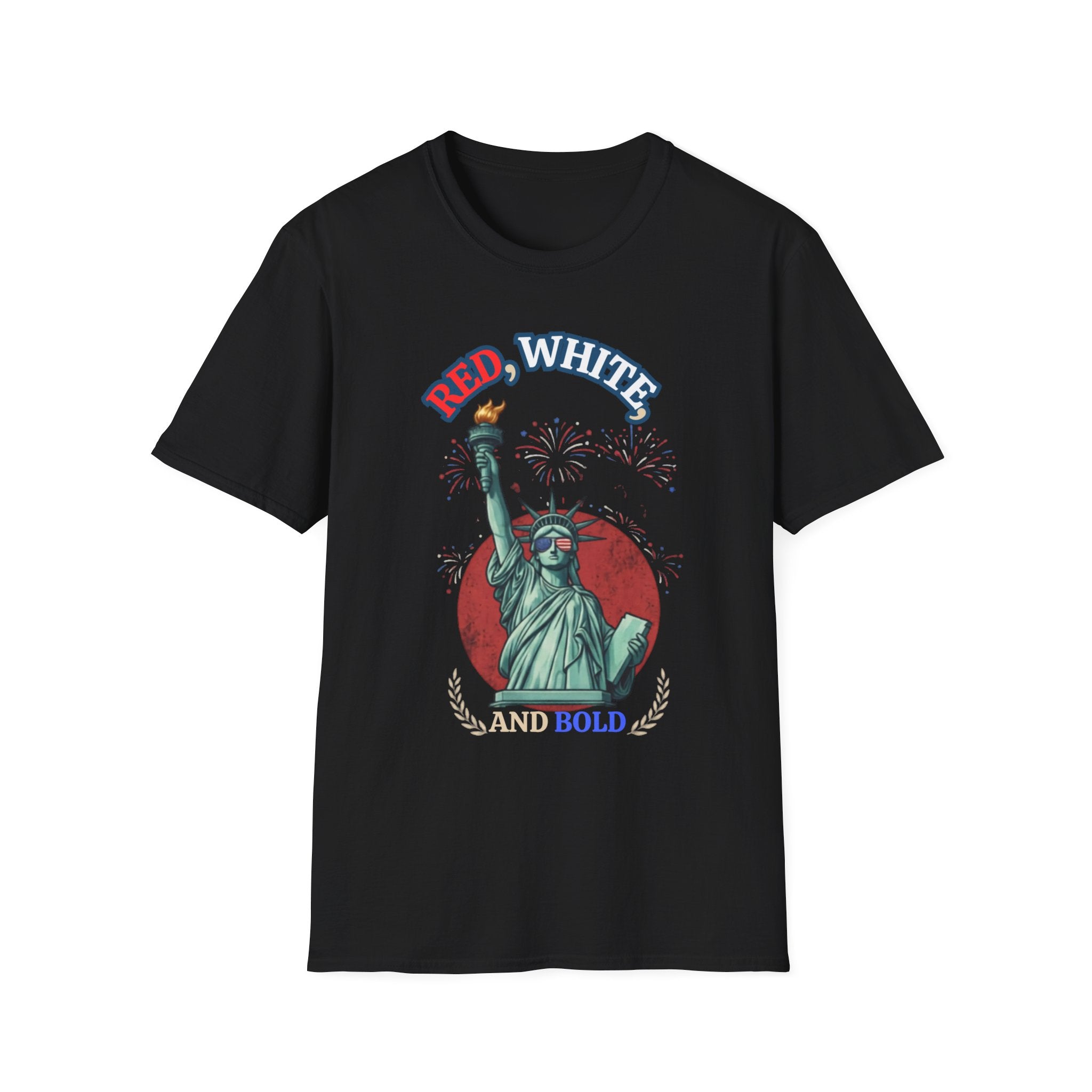 Unisex Softstyle T-Shirt, red white and bold statue of liberty