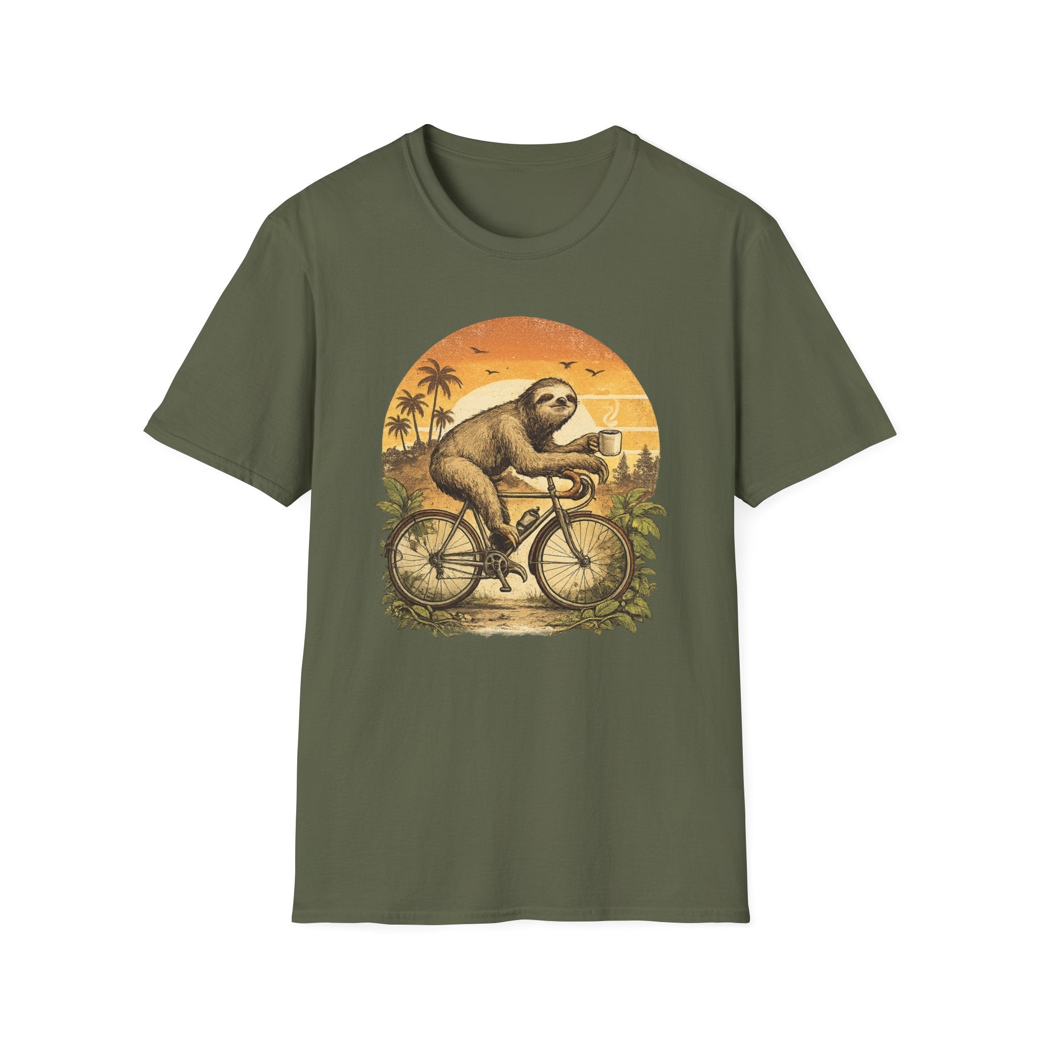 Unisex Softstyle T-Shirt, Sloth Riding Bicycle Shirt, Funny Lazy Sloth Tee, Vintage Animal Bike Shirt, Chill Sloth Graphic, Cute Cycling Shirt