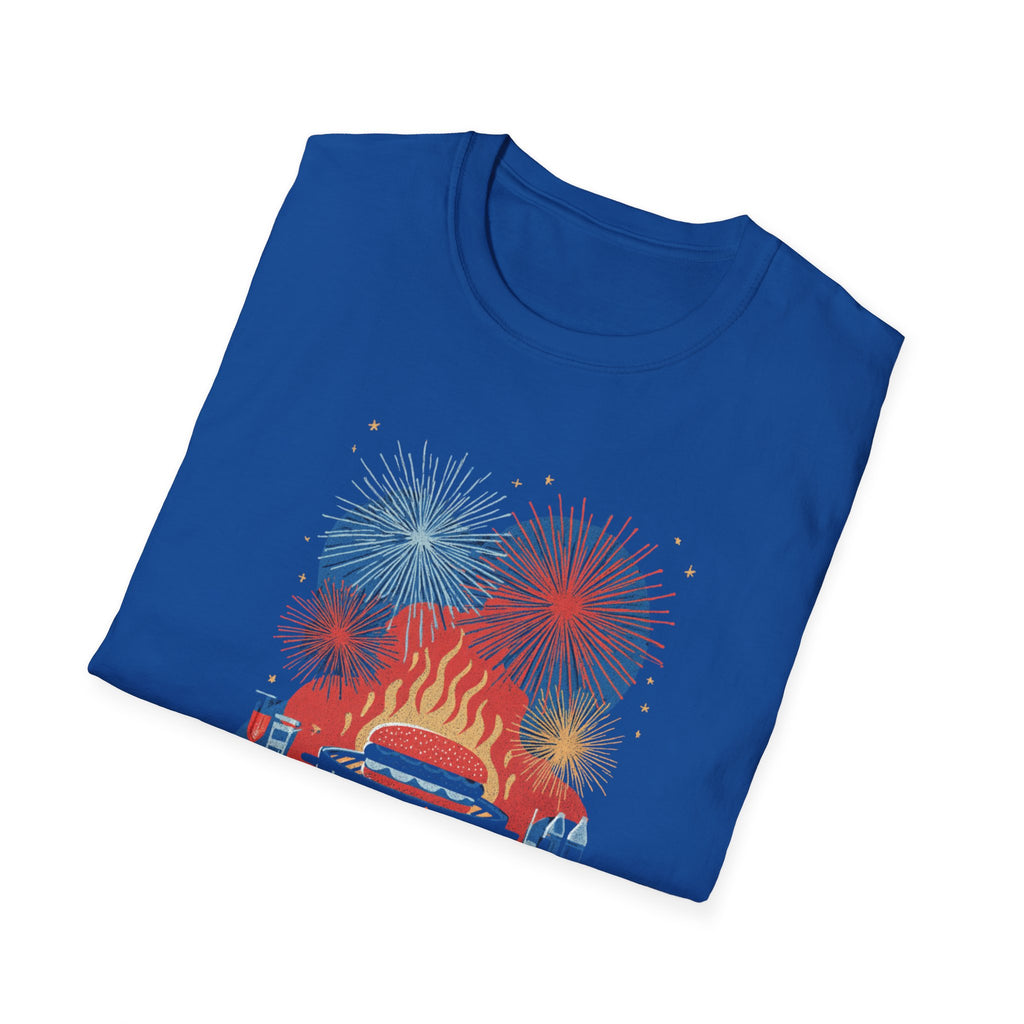 Unisex Softstyle T-Shirt, Happy Independence Day BBQ Shirt, 4th of July Party Tee, Grill & Fireworks Shirt