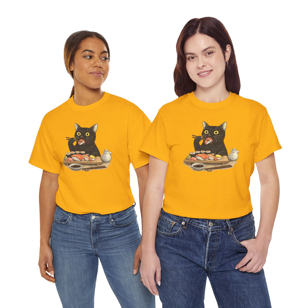 Unisex Heavy Cotton Tee, cat eating sushi