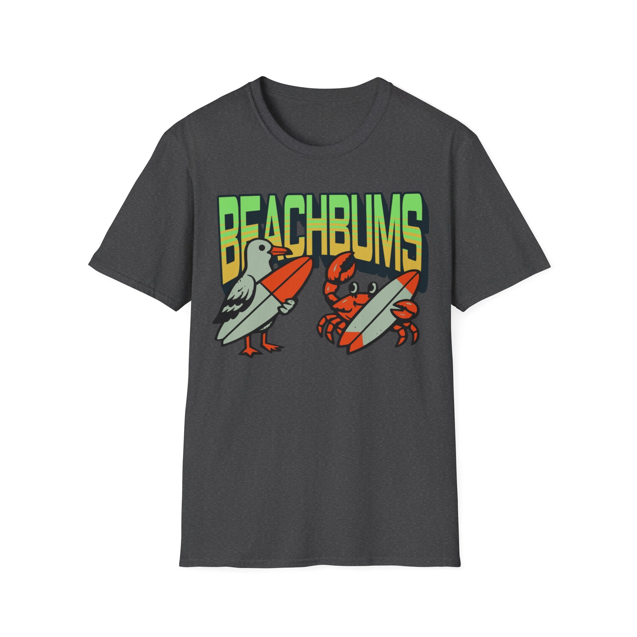Unisex Softstyle T-Shirt, beachbums shirt, seagull and craps holding surf board