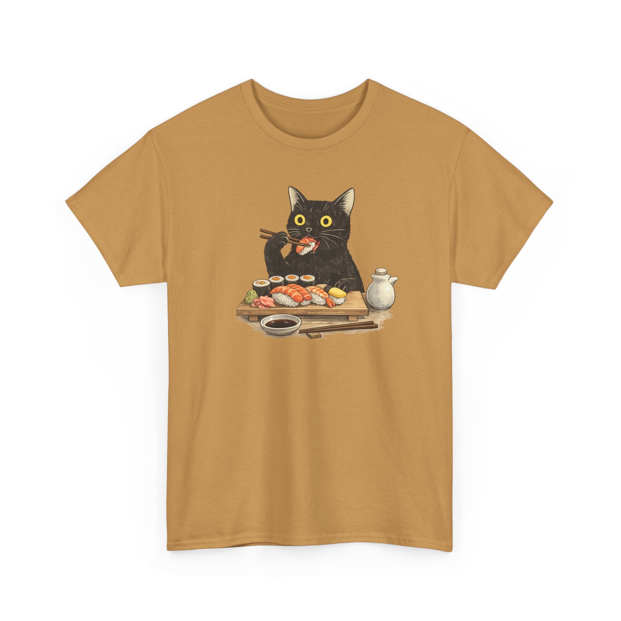 Unisex Heavy Cotton Tee, cat eating sushi