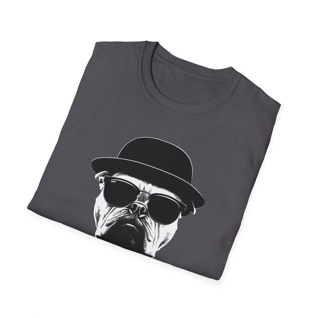 Unisex Softstyle T-Shirt, Bull Dog wearing Sun Glasses